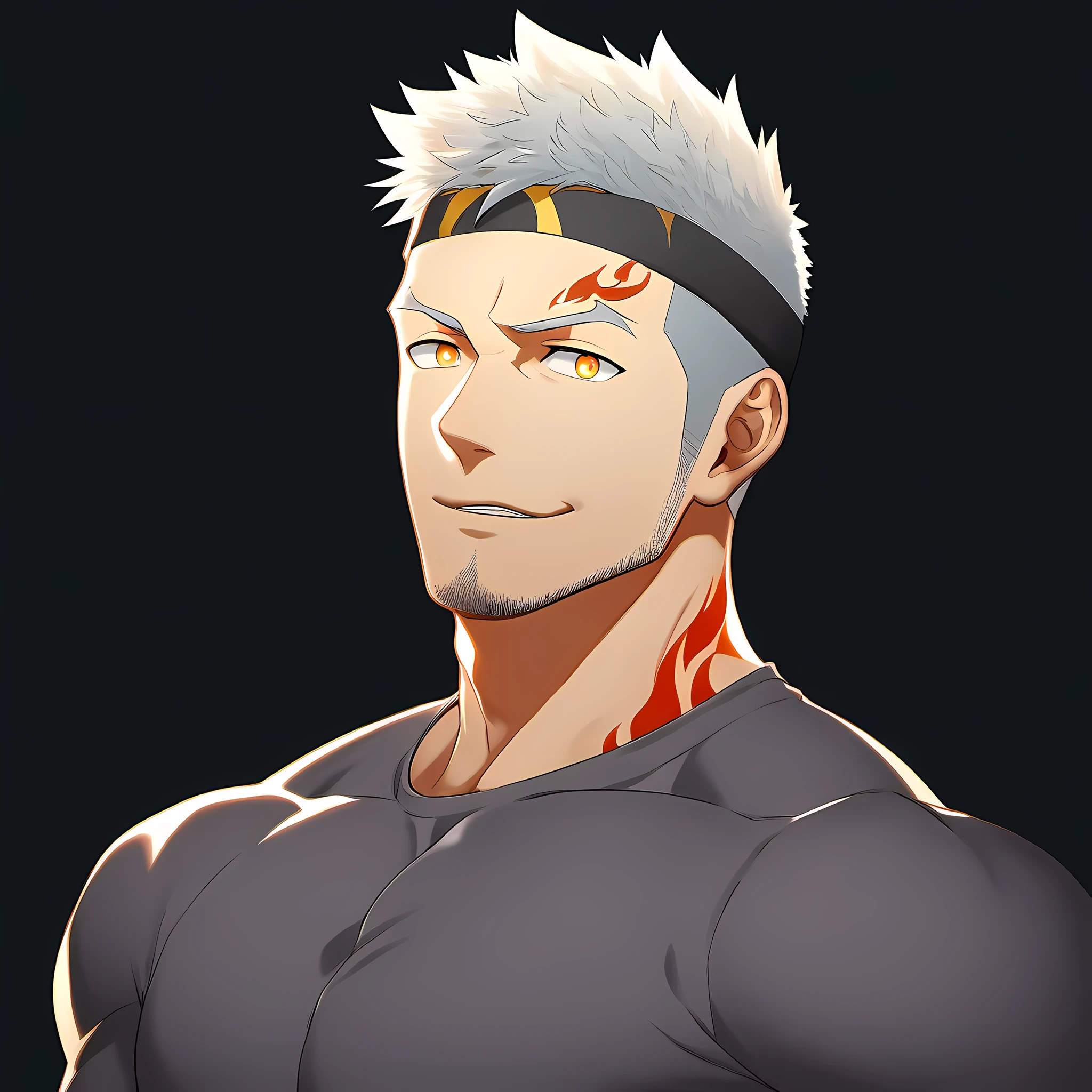 anime characters:Guy, Priapus, ung muscular man, male focus, Flame tattoo, Sporty black headband, Dark gray spandex tight T-shirt, muscular male, muscular, only, Upper body, alone, white short hair, stubble, yellow eyes, black background, simple background, amazing quality, best aesthetics, Ridiculous, bright pupils, short hair, naughty face, torogao, open lips, best quality