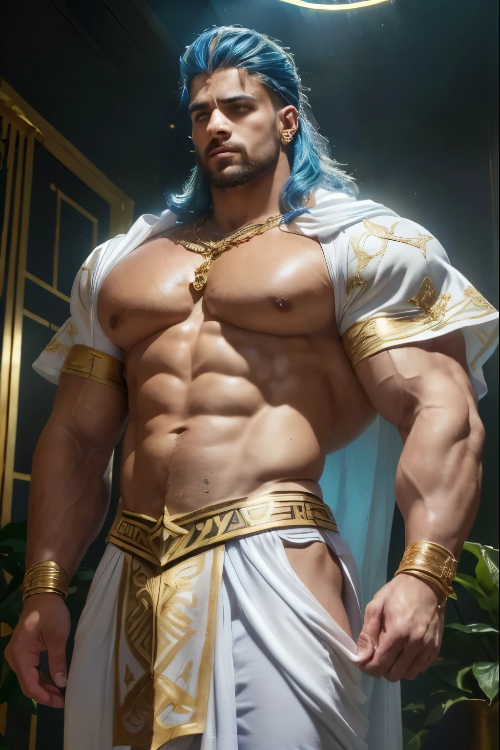(Obra maestra)), ((Mejor calidad:1.2)), high resolution, 8K, (ultra_realista:1.3), (photorealista:1.4), (Plantilla de Instagram, elegante:1.2), ((Zeusculous God with an incredibly huge bodybuilder shape, Zeus tiene un rostro imponente y majestuoso, con ojos profundos y penetrantes que parecen (chispear con electricidad), una boca ancha y seria, and proportionate ears with well-defined lobes. Posee una nariz recta y prominente. Su cabello es largo, ondulado y oscuro, con (destellos dorados), fluyendo en mechones sobre sus hombros y espalda. His body is muscular and athletic., con una postura erguida que denota confianza y autoridad. Suele llevar largo, flowy tunics embellished with gold details., con colores predominantes de blanco, dorado y azul. Las texturas de su vestimenta son suaves y fluidas, evocando elegancia y nobleza. En cuanto a medidas, se le describe como un ser de estatura imponente, surpassing in height the other gods and mortals.