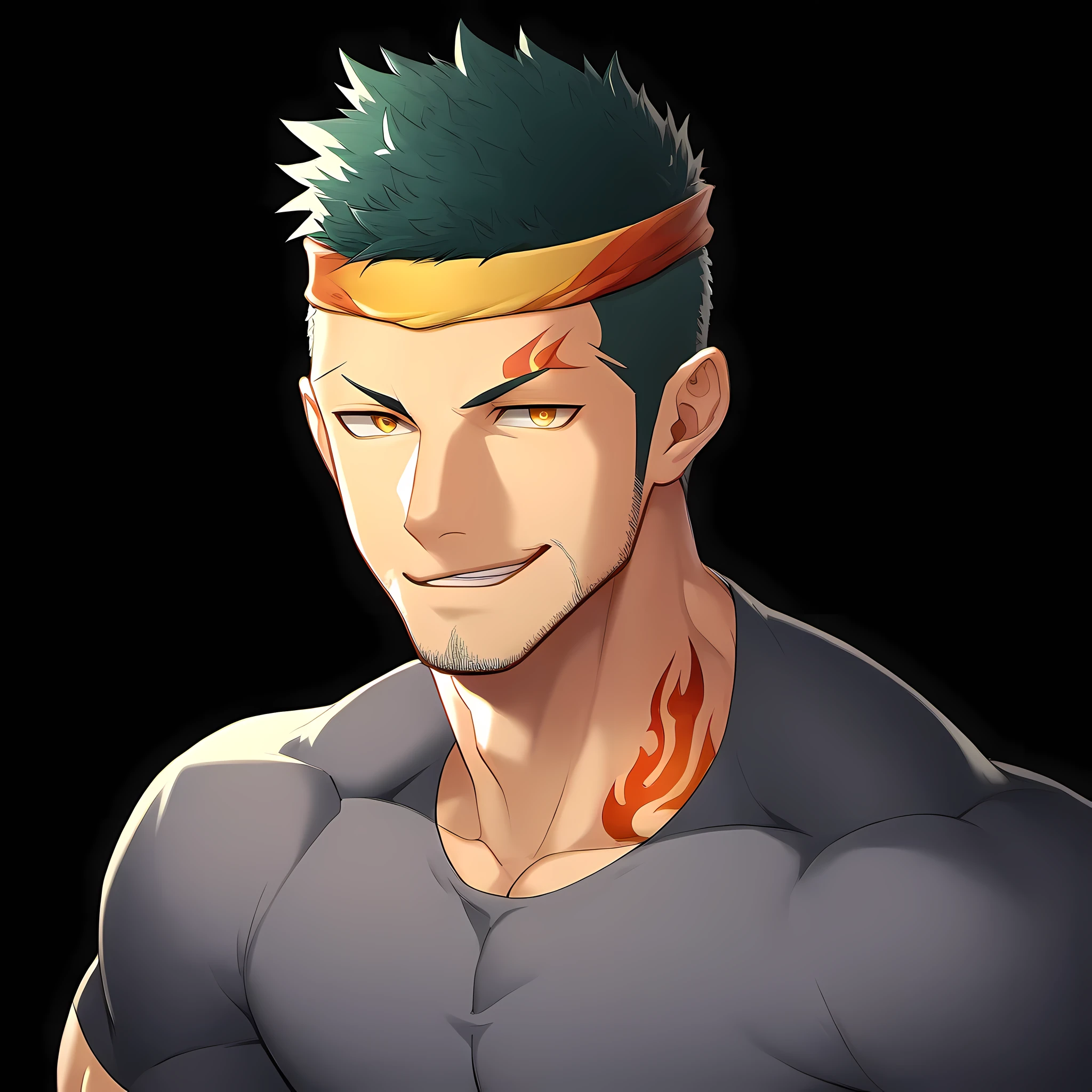 anime characters:Guy, Priapus, 1 young muscular man, male focus, Flame tattoo, Sporty black headband, Dark gray spandex tight T-shirt, muscular male, muscular, only, Upper body, alone, white short hair, stubble, yellow eyes, black background, simple background, amazing quality, best aesthetics, Ridiculous, bright pupils, short hair, naughty face, torogao, open lips, best quality