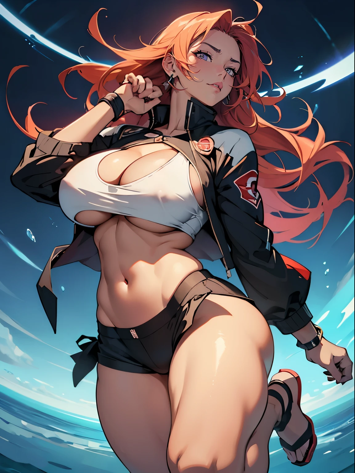 masterpiece, ultra-detailliert, 8k, hiquality, Top image quality, digitial illustration, Art by Kim Hyun-tae, Female sexy, Seductive Anime Girl, Japanese anime, Combative posing, Depiction of dense hair, Detailed eye depiction, Sexy body lines, appearance Splash paint background in colors, Center, ((open clothes:1.3))、((cleavage cutout))、((crop top navel))、((panty peek))、((huge breasts:1.3))、((huge hip:1.3))、((thick thighs))、biomechanical oppai, oppai proportions, Sharp Focus, large full breasts, Colossal tits, Costumes with less fabric area, and draw the full body, Glossy realistic skin texture, ((Hover effect)), Precise human body structure, Low angle perspective, Configuration looking up from below