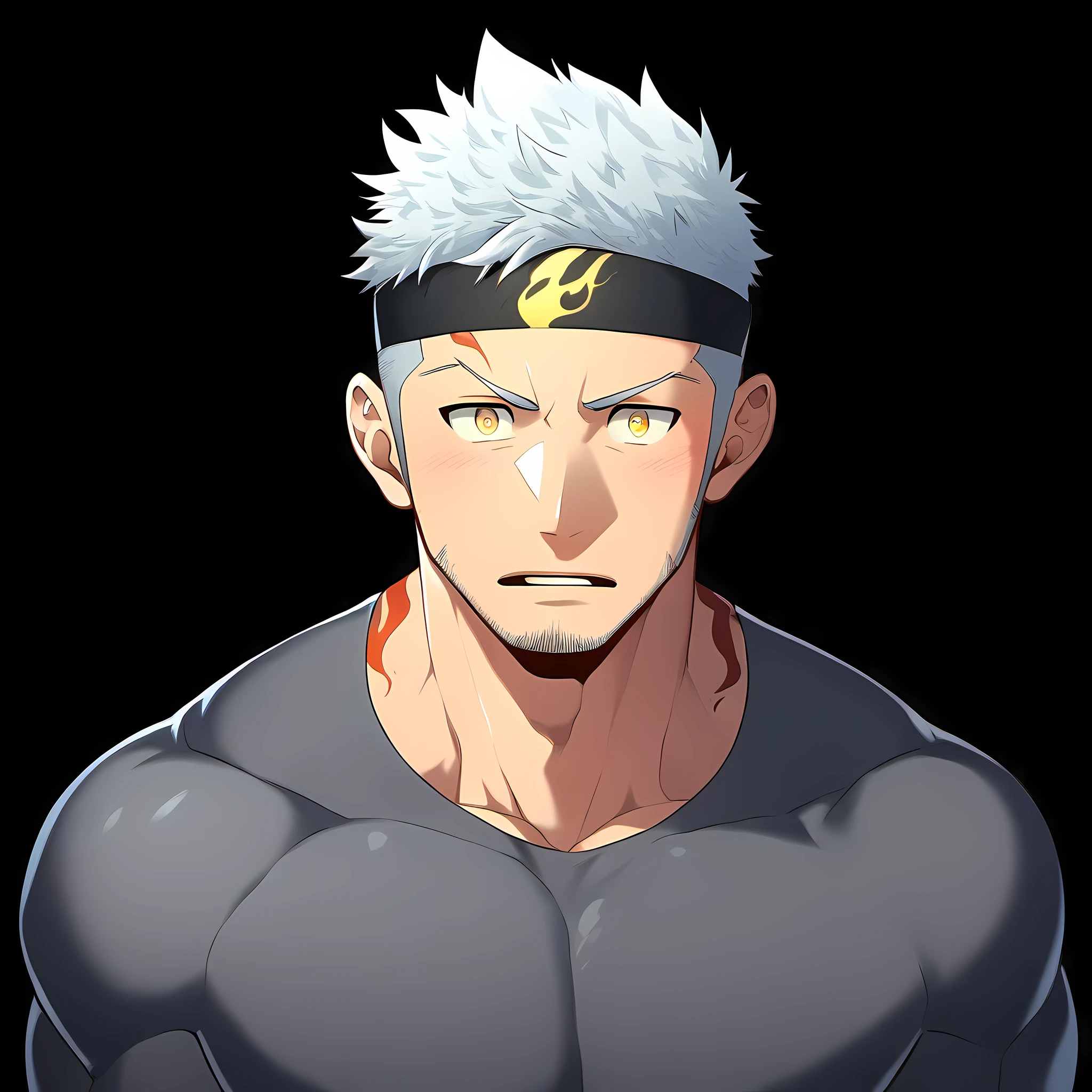 anime characters:Guy, Priapus, ung muscular man, male focus, Flame tattoo, Sporty black headband, Dark gray spandex tight T-shirt, muscular male, muscular, only, Upper body, alone, white short hair, stubble, yellow eyes, black background, simple background, amazing quality, best aesthetics, Ridiculous, bright pupils, short hair, blush, open lips, surprise, color loss, best quality
