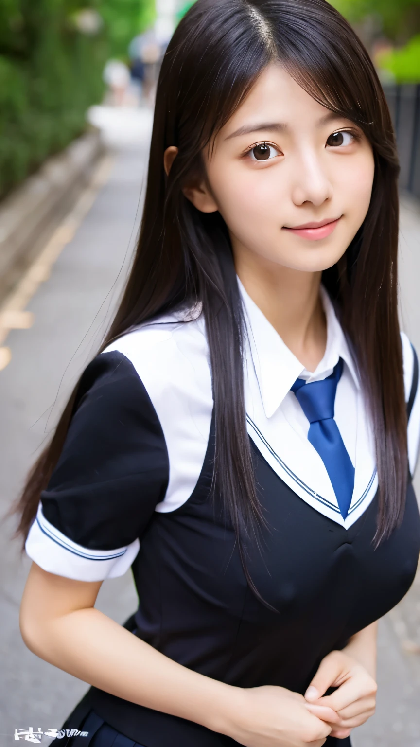 highest quality, beautiful japanese woman, student, long hair, black hair, uniform, white shirt, tie, breast enhancement, neat,