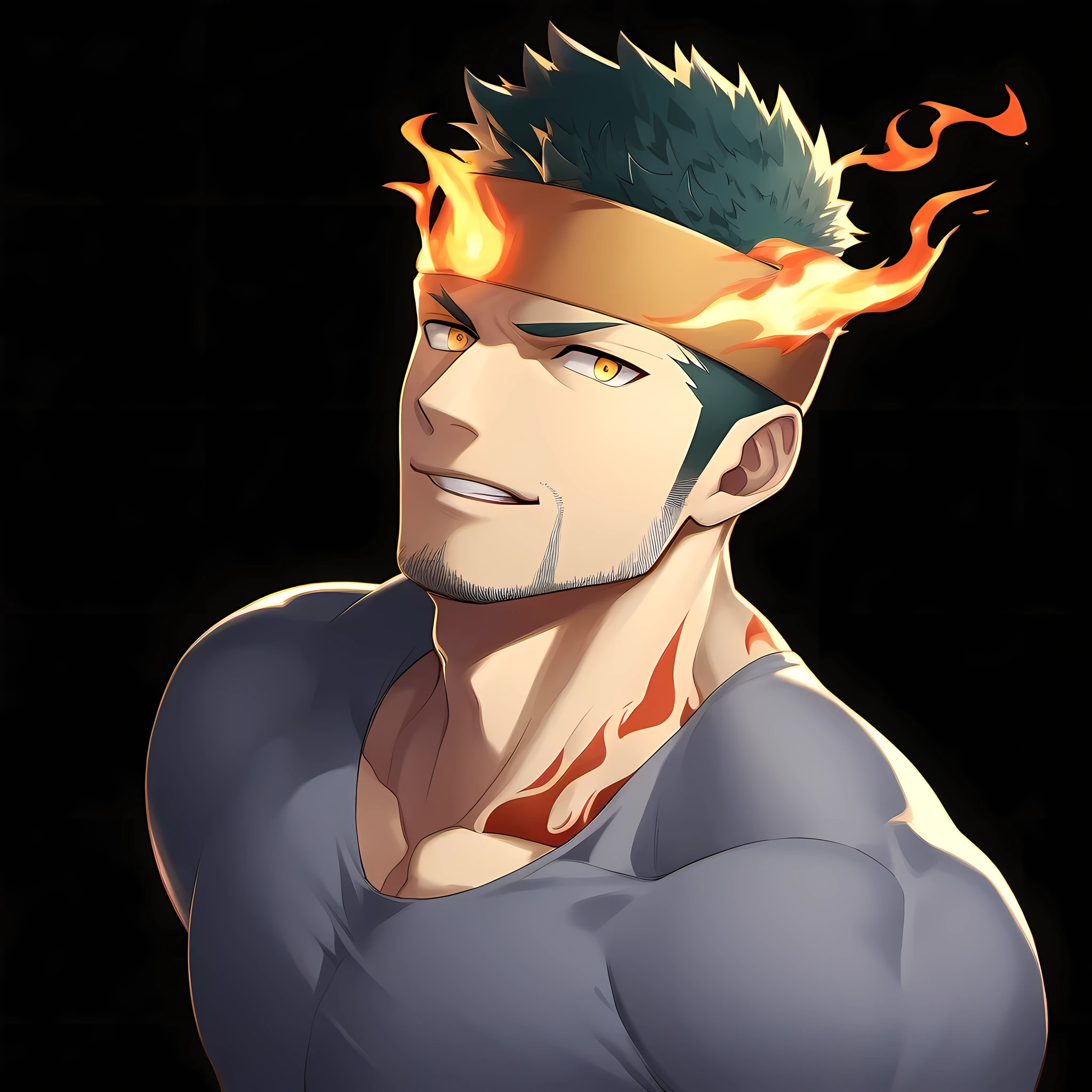 anime characters:Guy, Priapus, 1 young muscular man, male focus, Flame tattoo, Sporty black headband, Dark gray spandex tight T-shirt, muscular male, muscular, only, Upper body, alone, white short hair, stubble, yellow eyes, black background, simple background, amazing quality, best aesthetics, Ridiculous, bright pupils, short hair, naughty face, torogao, open lips, best quality