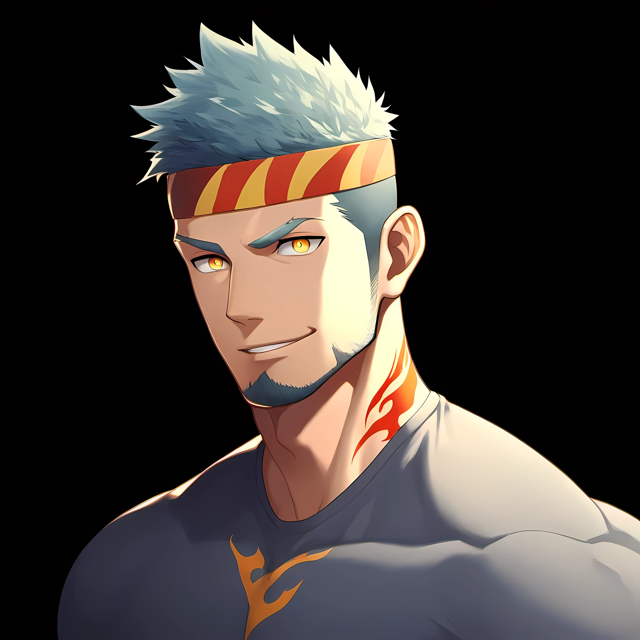 anime characters:Guy, Priapus, ung muscular man, male focus, Flame tattoo, Sporty black headband, Dark gray spandex tight T-shirt, muscular male, muscular, only, Upper body, alone, white short hair, stubble, yellow eyes, black background, simple background, amazing quality, best aesthetics, Ridiculous, bright pupils, short hair, naughty face, torogao, open lips, best quality