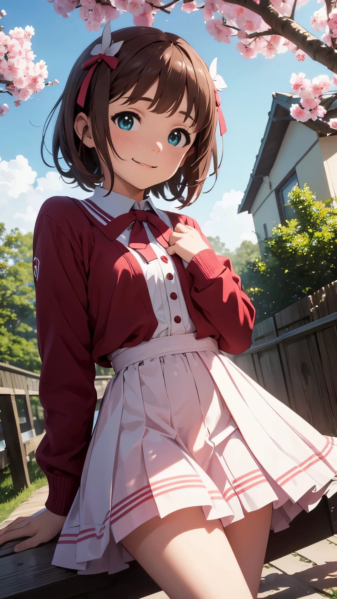 CG, unity, 8k, wallpaper, highest quality, masterpiece, haruka amami, (smile: 1.2), fold your hands and bring them in front of your chest, , best lighting, complex pupils, complex textile, detailed background, school uniform, long sleeve, Small symmetrical ribbons on each side of the head, BREAK, under the cherry tree, Cherry blossom petals are dancing around, (view from below: 1.1)