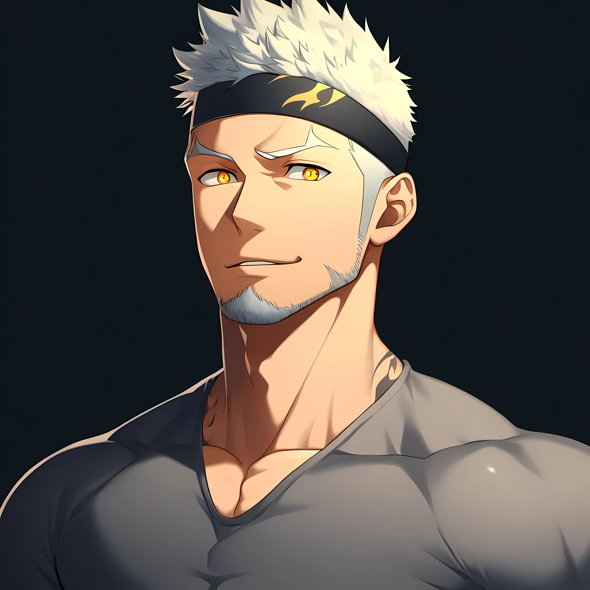 anime characters：Guy, Priapus, ****ung muscular man, male focus, Flame tattoo, Sporty black headband, Dark gray spandex tight T-shirt, muscular male, muscular, only, Upper body, alone, white short hair, stubble, yellow eyes, black background, simple background, amazing quality, best aesthetics, Ridiculous, bright pupils, short hair, naughty face, torogao, open lips, best quality