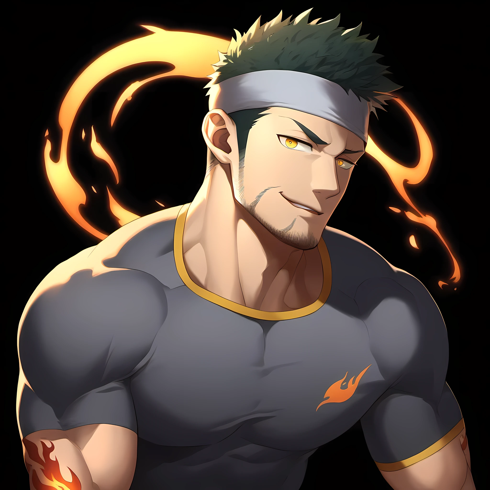 anime characters：Guy, Priapus, 1 young muscular man, male focus, Flame tattoo, Sporty black headband, Dark gray spandex tight T-shirt, muscular male, muscular, only, Upper body, alone, white short hair, stubble, yellow eyes, black background, simple background, amazing quality, best aesthetics, Ridiculous, bright pupils, short hair, naughty face, torogao, open lips, best quality