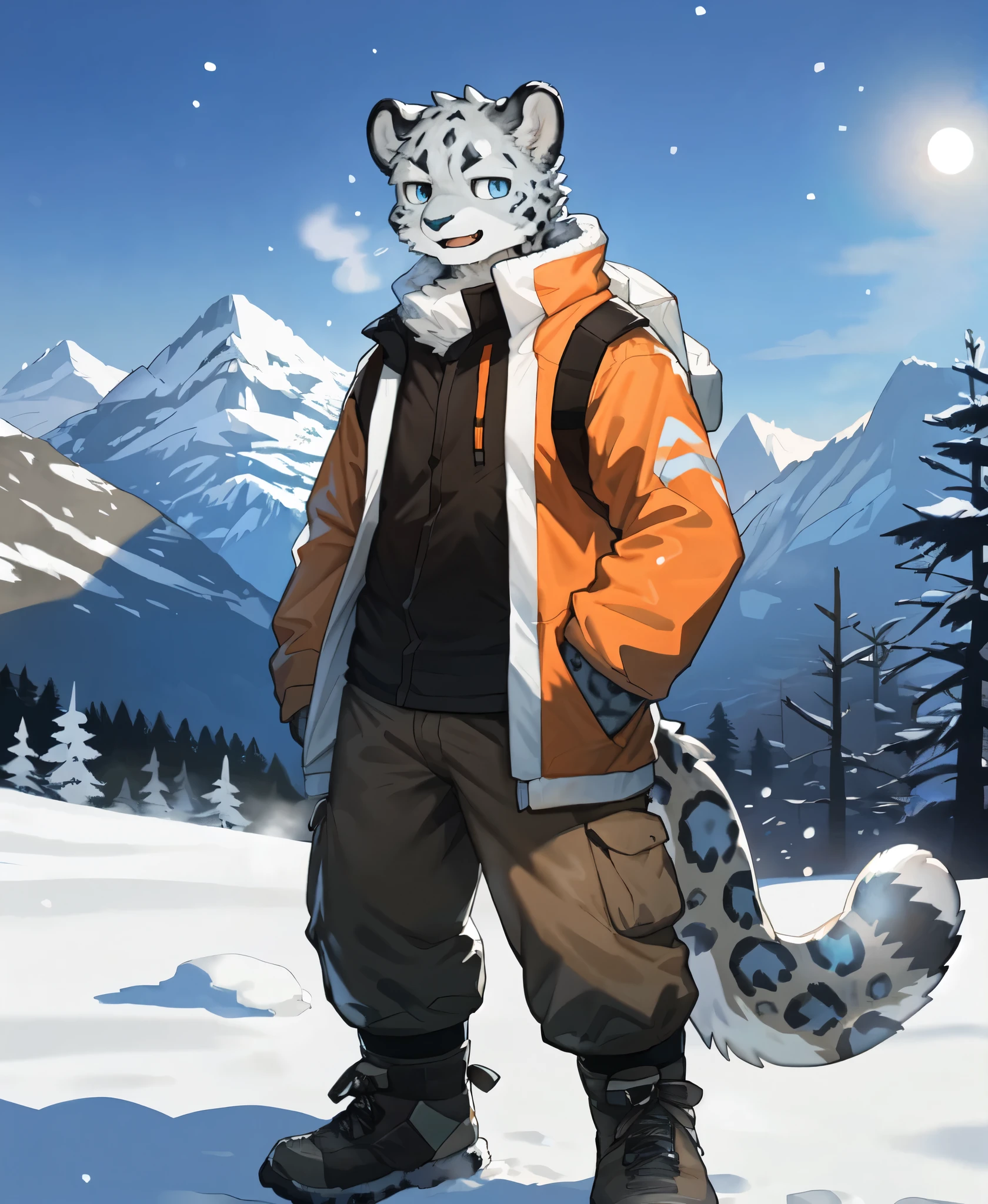 by pgm300,by fuguri,by kiyosan,by milkytiger1145,
furry,kemono,anthro,
male,solo,
(snow leopard:1.25),
blue eyes,
looking at viewer, open mouth, smile,
steam,
(winter clothes:1.25), orange clothes,
hands in pockets, 
backpack, 
brown pants,
standing,
hiking boots,
snowing,snow,mountain,
sun,blue sky,