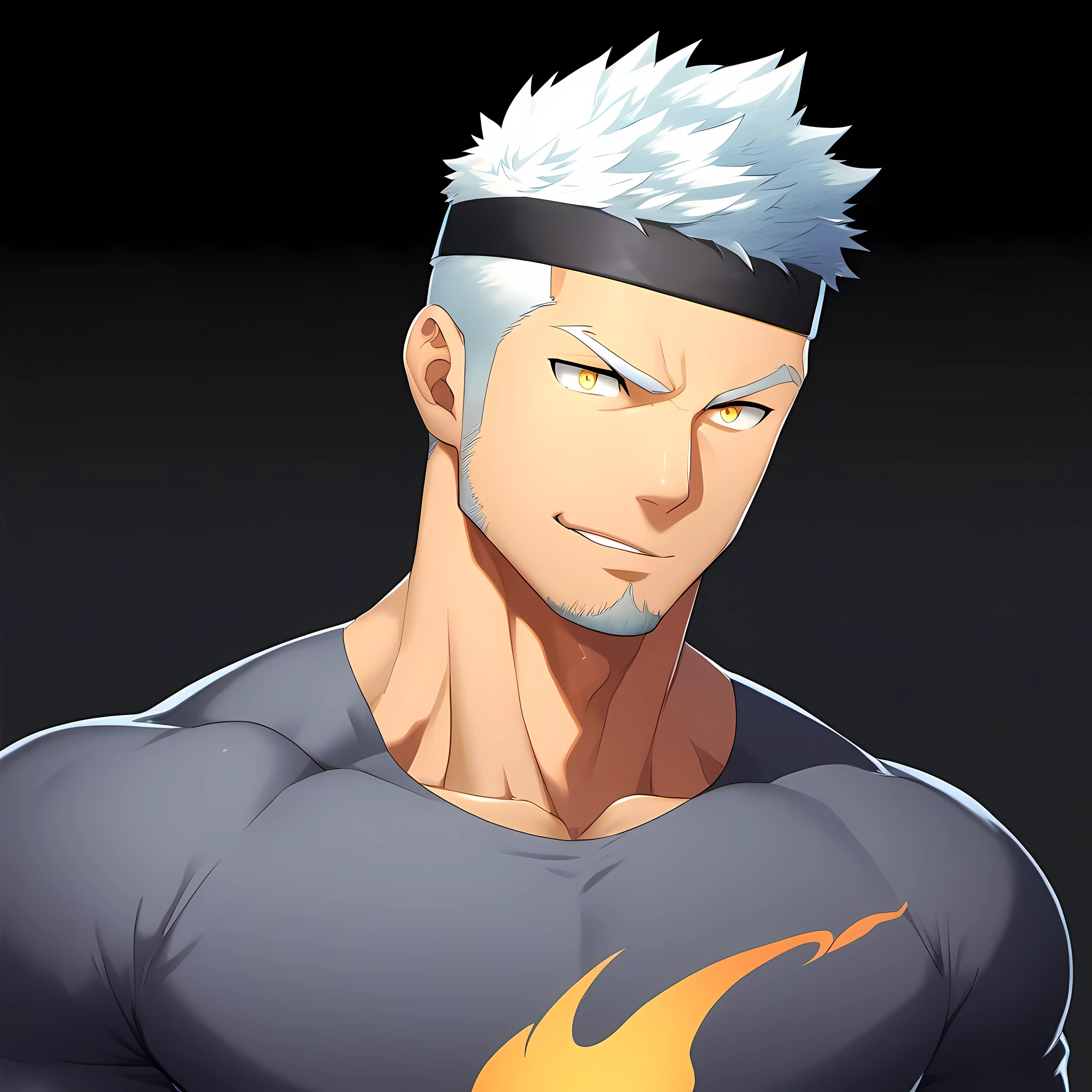 anime characters：Guy, Priapus, 1 young muscular man, male focus, Flame tattoo, Sporty black headband, Dark gray spandex tight T-shirt, muscular male, muscular, only, Upper body, alone, white short hair, stubble, yellow eyes, black background, simple background, amazing quality, best aesthetics, Ridiculous, bright pupils, short hair, naughty face, torogao, open lips, best quality