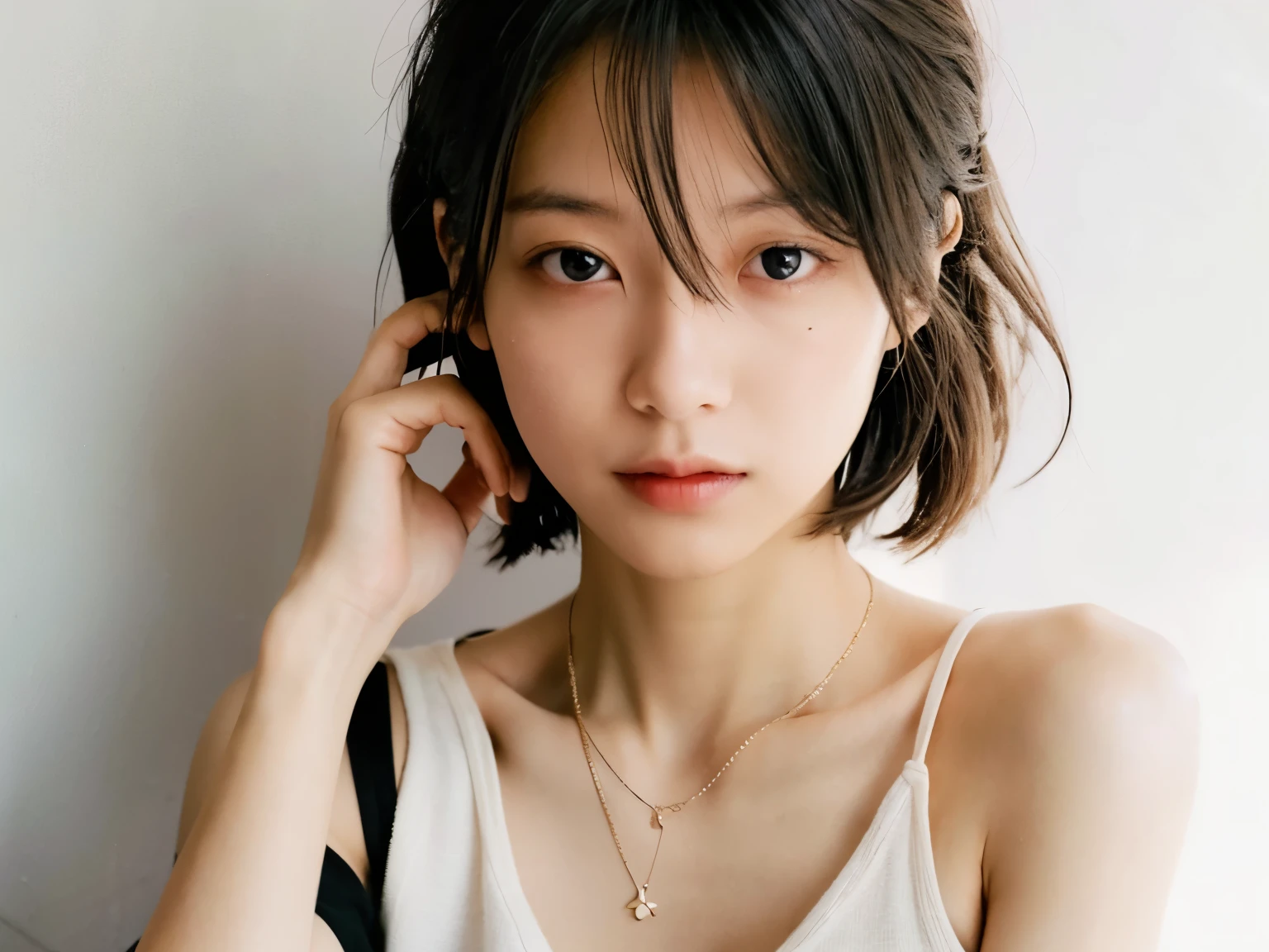 (very realistic photo, concentrated、High resolution, detailed face, fine eyes), ((Taken in front of a white wall))、japanese woman, 20-year-old, various expressions, Upper body、alone:1, slim body shape, various hairstyles, casual clothes, Only one person is in the photo、Photographed in natural light、simple necklace、Don&#39;Don&#39;don&#39;t look at the camera、bob hair、Various hand poses