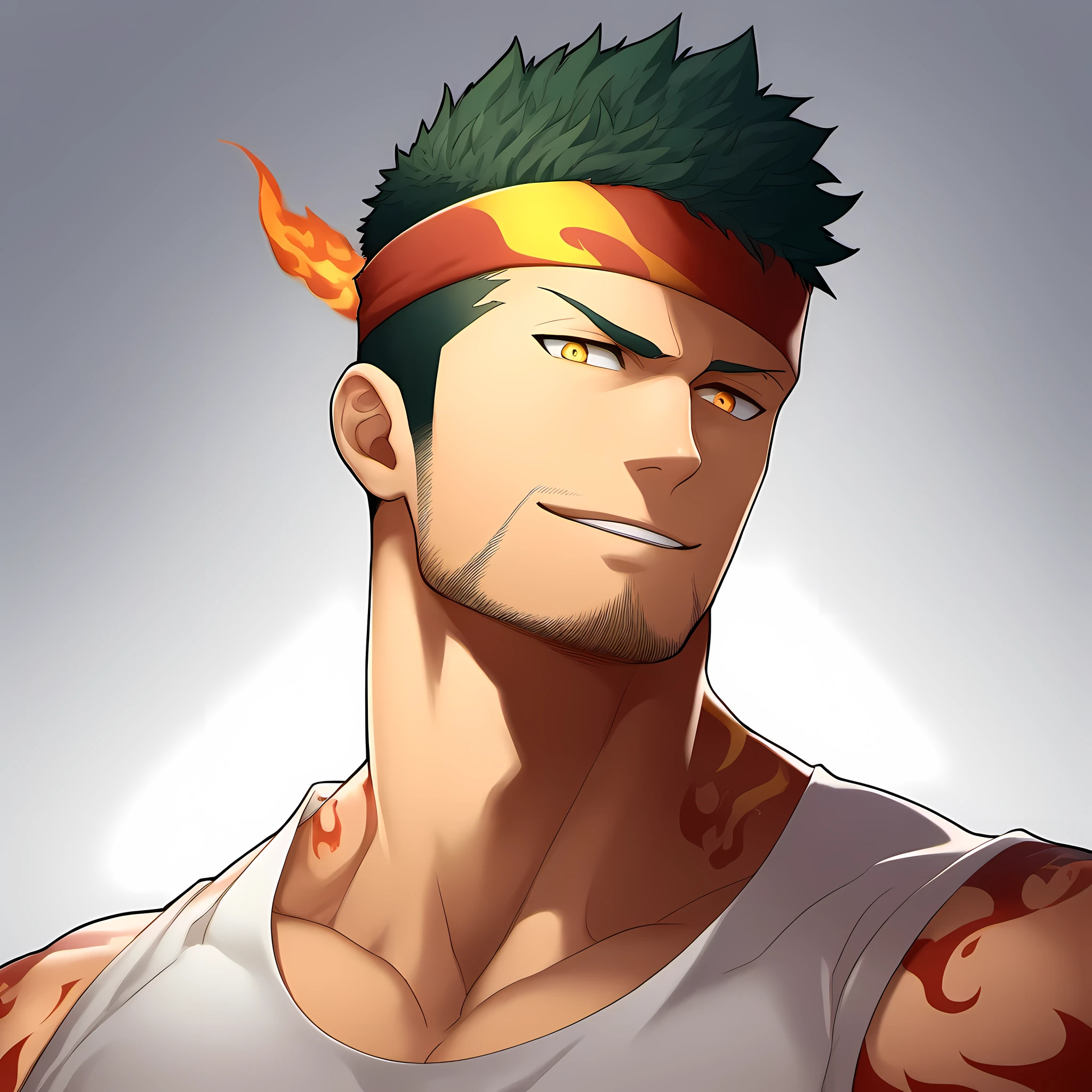 anime characters：Guy, Priapus, ung muscular man, male focus, Flame tattoo, Sport red headband, Creamy white spandex tight T-shirt, muscular male, muscular, only, Upper body, alone, short black hair, stubble, yellow eyes, White background, simple background, amazing quality, best aesthetics, Ridiculous, bright pupils, short hair, naughty face, torogao, open lips, best quality