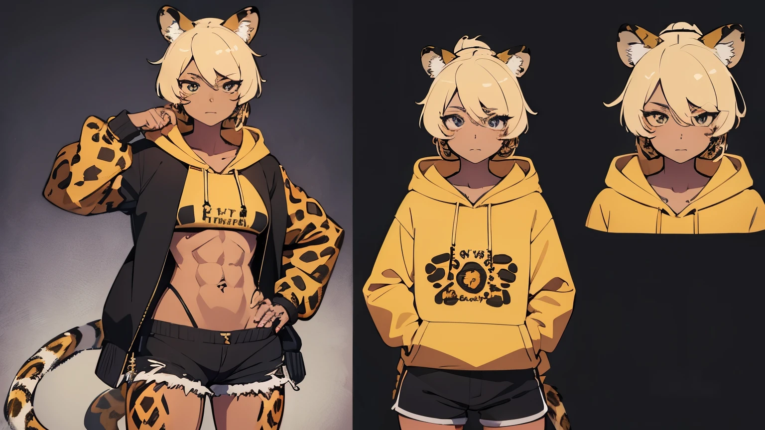 ((SFW)), Masterpiece, trending on artstation, 8k, (intricate details1:1), 1girl, ((tanned skin)), blonde hair, ponytail, leopard ears and tail, 1tail, ((hybrid human)), (leopard legs), (animal paws1:1), felidae, facing viewer, (animal features), front view, mature woman, abs, ((hoodie)), ((shorts))
