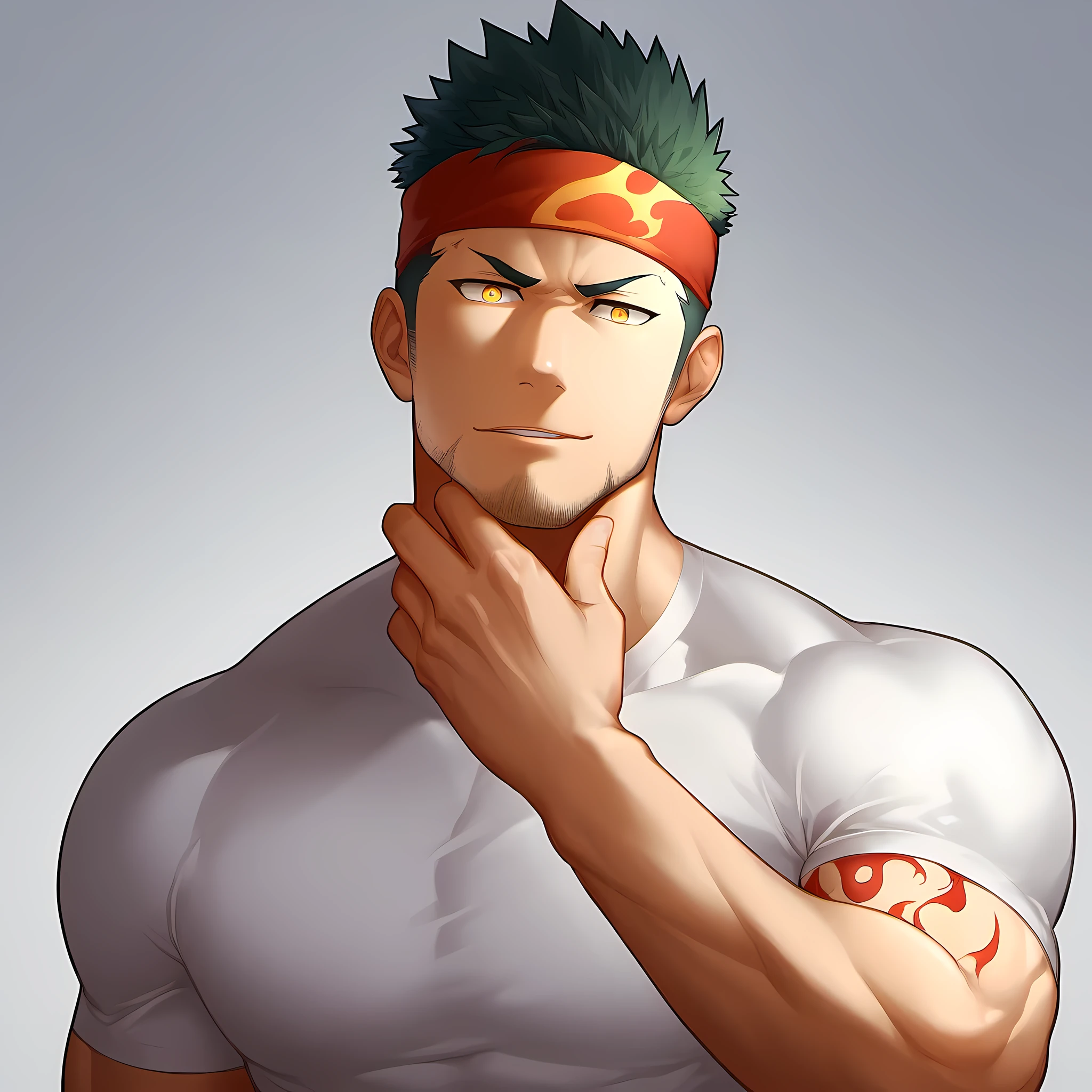 anime characters:Guy, Priapus, ung muscular man, male focus, Flame tattoo, Sport red headband, Creamy white spandex tight T-shirt, muscular male, muscular, only, Upper body, alone, short black hair, stubble, yellow eyes, White background, simple background, amazing quality, best aesthetics, Ridiculous, bright pupils, short hair, naughty face, torogao, open lips, best quality