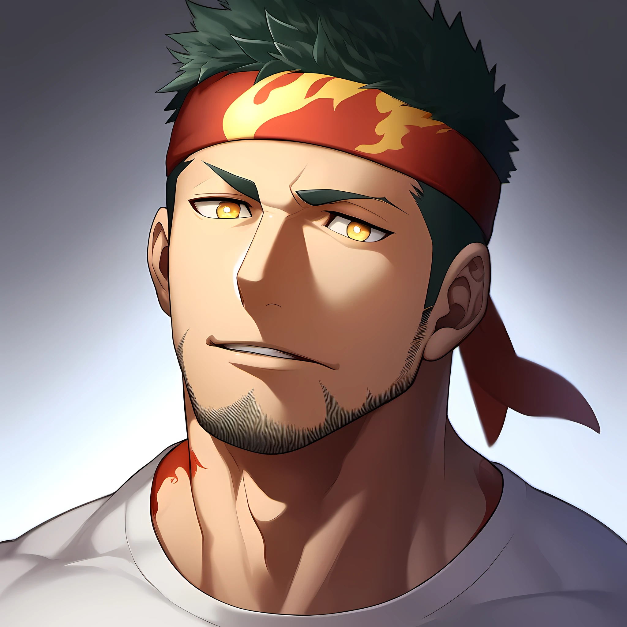 anime characters:Guy, Priapus, ung muscular man, male focus, Flame tattoo, Sport red headband, Creamy white spandex tight T-shirt, muscular male, muscular, only, Upper body, alone, short black hair, thick eyebrows, stubble, yellow eyes, White background, simple background, amazing quality, best aesthetics, Ridiculous, bright pupils, short hair, naughty face, torogao, open lips, best quality