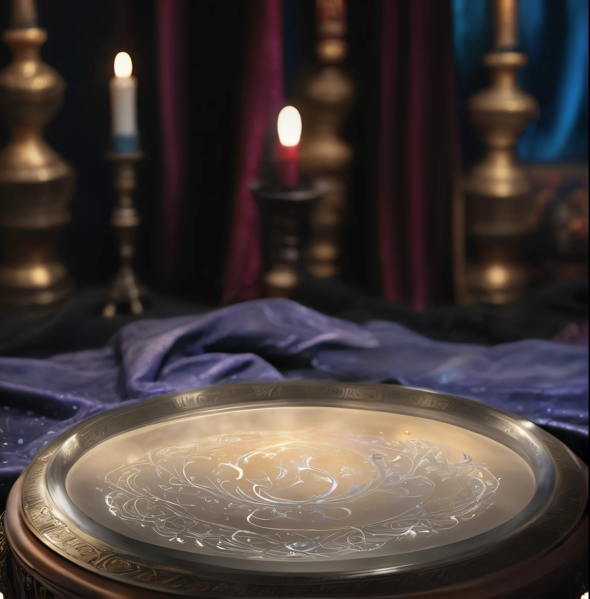 There is a silver tray with a design on it., Spell casting, Spell casting wizard, cast a protection spell, magic laboratory setting, fortune teller, Home Wicca Scene, A gorgeous overturned holy grail, More on complex Wiccan scenes, Emitting superpowers, scale with magic powder, set photo, Sorcerer's Room, Séances, Cast magic spells, Mystical feeling