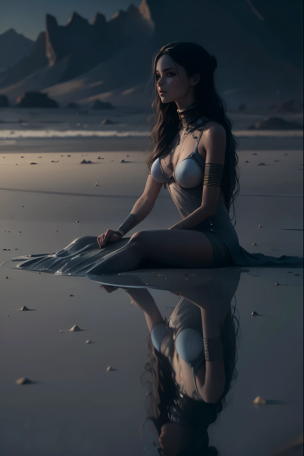 beautiful sci-fi sexy sand woman sitting in a puddle