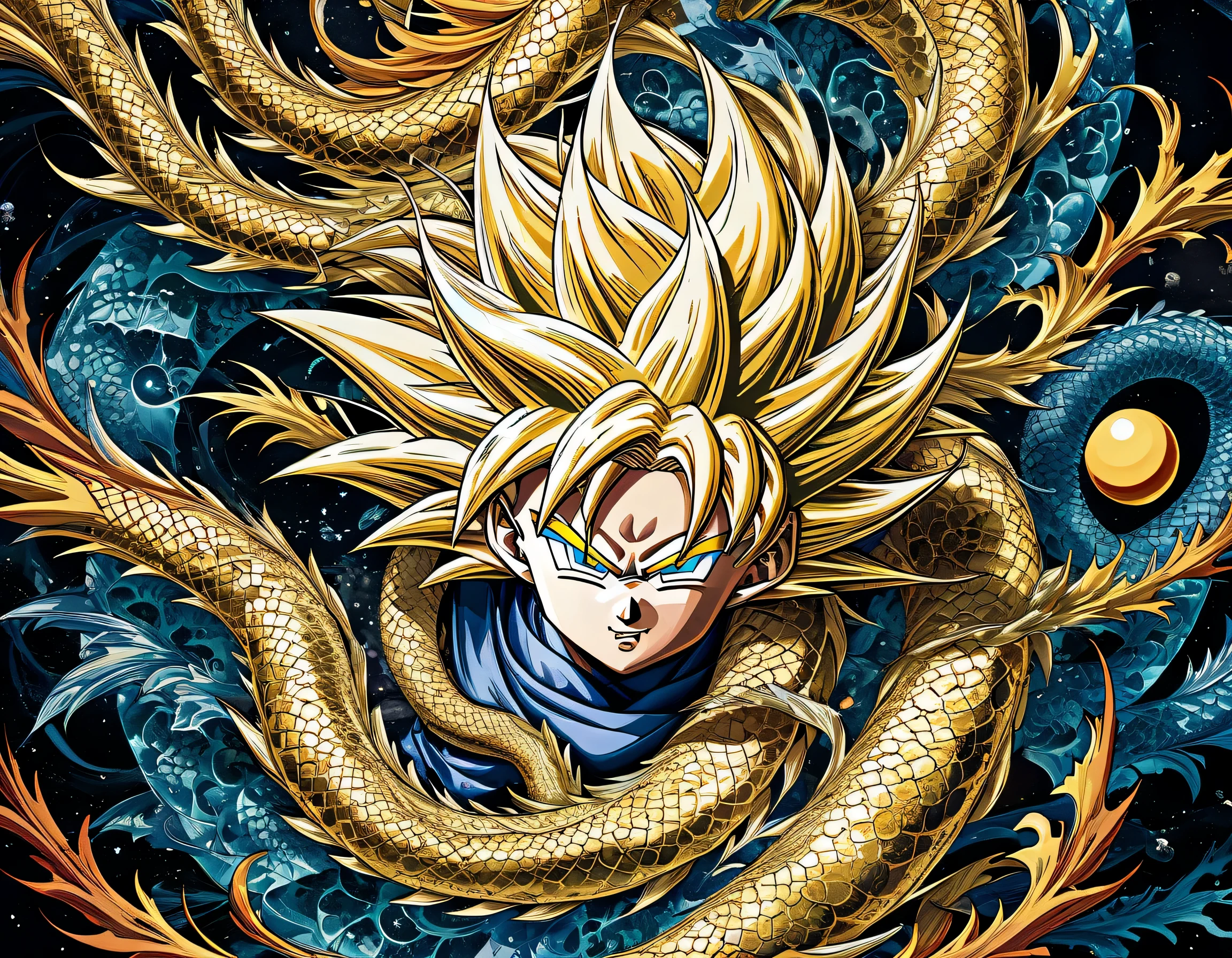 fractal art like of Japanese-anime-dragon-ball illustration extremely detail, Super Saiyan, gold hair, double exposure, entangle, strong power with floating 7-DRAGON-BALL, oil painting, high quality, tonal contrast, Akira Toriyama anime inspired, hope and grant my wish. elaborate grunge, intricate detail, highly elaborate draw, dramatic illustration,