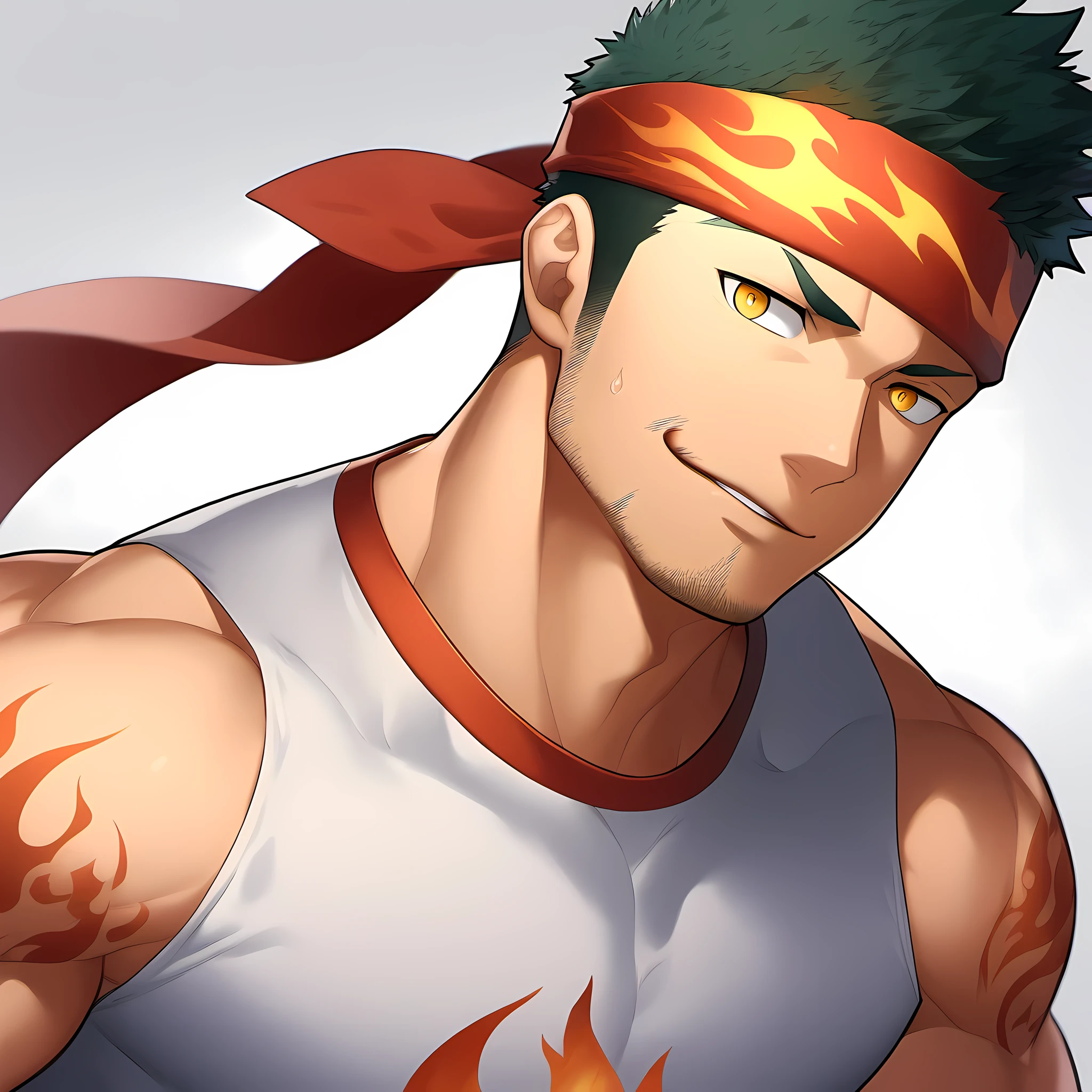 anime characters：Gyee, priapus, 1 young muscular man, male focus, Flame tattoo, sports Red headband, Creamy white spandex tight tank top, muscular male, muscular, only, Upper body, alone, Black short hair, Thick eyebrows, stubble, Yellow eyes, White background, simple background, amazing quality, best aesthetics, Ridiculous, bright pupils, crew cut, naughty face, torogao, parted lips, halo, god rays, best quality