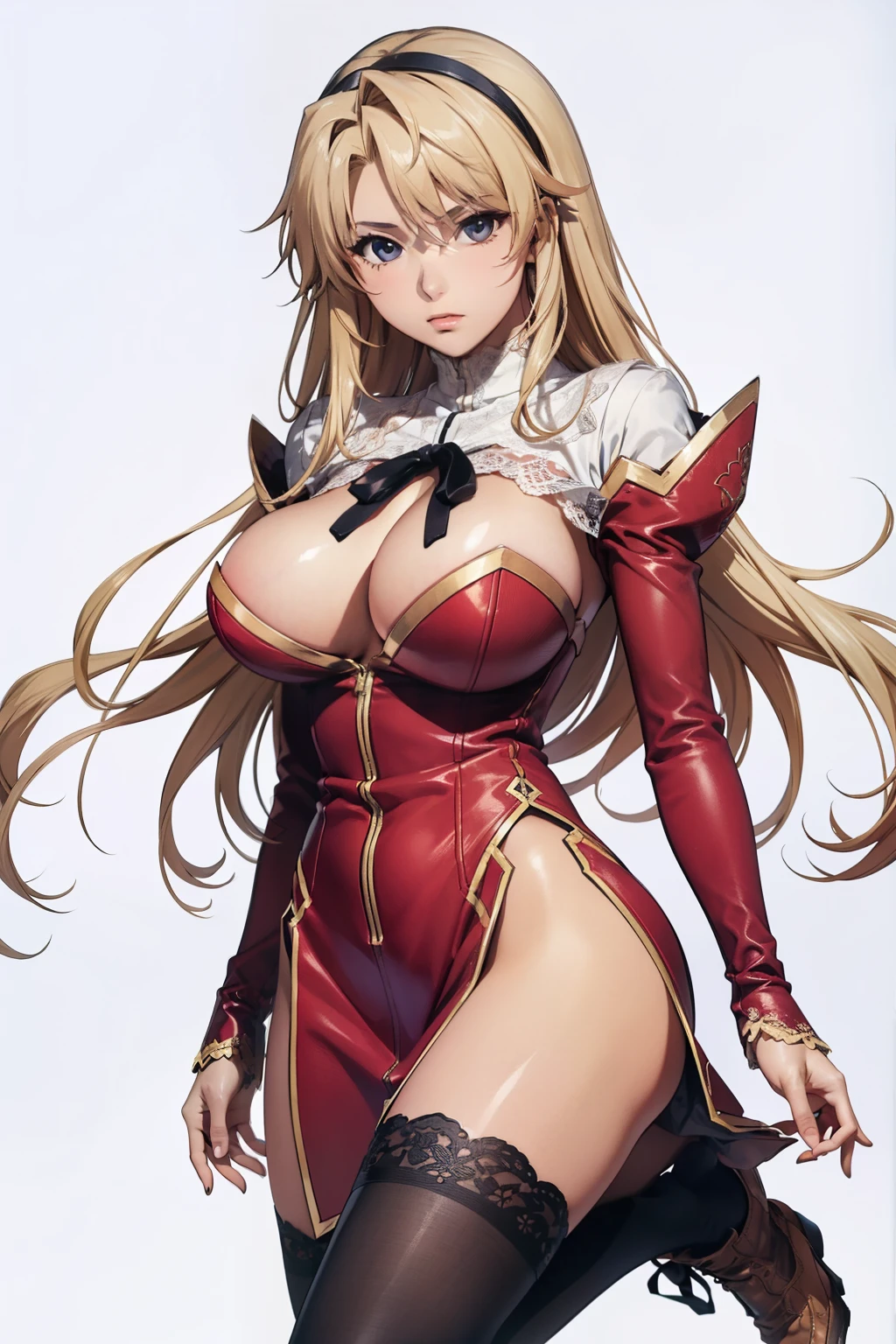 anime style、masterpiece、highest quality、1 girl、big breasts:1.3、shiny skin、satella、serious、blonde hair、long hair、cowboy shot、dress、brown cross lace shoes、cleavage、black ribbon、clothing clippings、juliet sleeves、white thigh high sockeadow background
