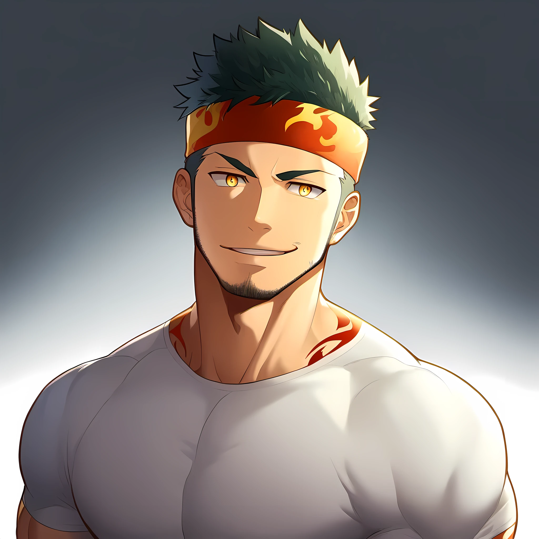 anime characters:Guy, Priapus, 1 young muscular man, male focus, Flame tattoo, Sport red headband, Creamy white spandex tight T-shirt, muscular male, muscular, only, Upper body, alone, short black hair, thick eyebrows, stubble, yellow eyes, White background, simple background, amazing quality, best aesthetics, Ridiculous, bright pupils, short hair, naughty face, torogao, open lips, best quality