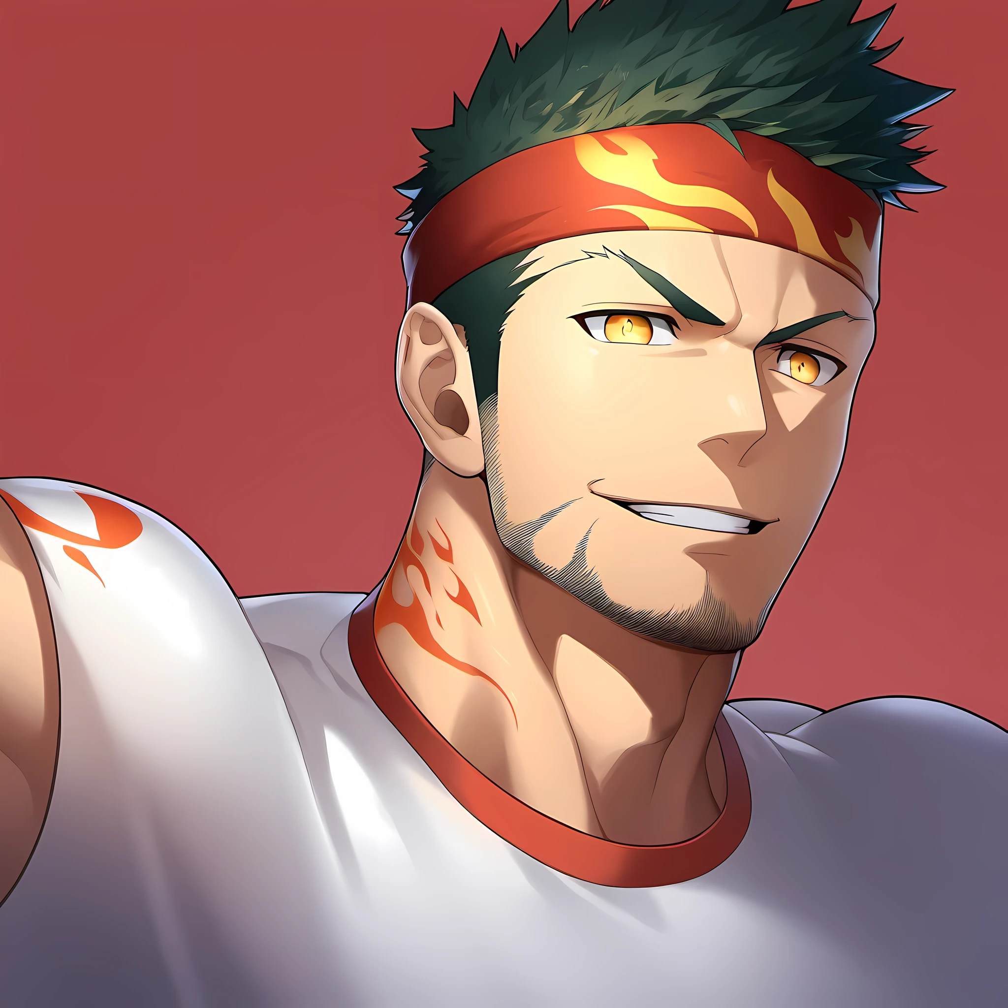 anime characters:Guy, Priapus, 1 young muscular man, male focus, Flame tattoo, Sport red headband, Creamy white spandex tight T-shirt, muscular male, muscular, only, Upper body, alone, short black hair, thick eyebrows, stubble, yellow eyes, White background, simple background, amazing quality, best aesthetics, Ridiculous, bright pupils, short hair, naughty face, torogao, open lips, best quality