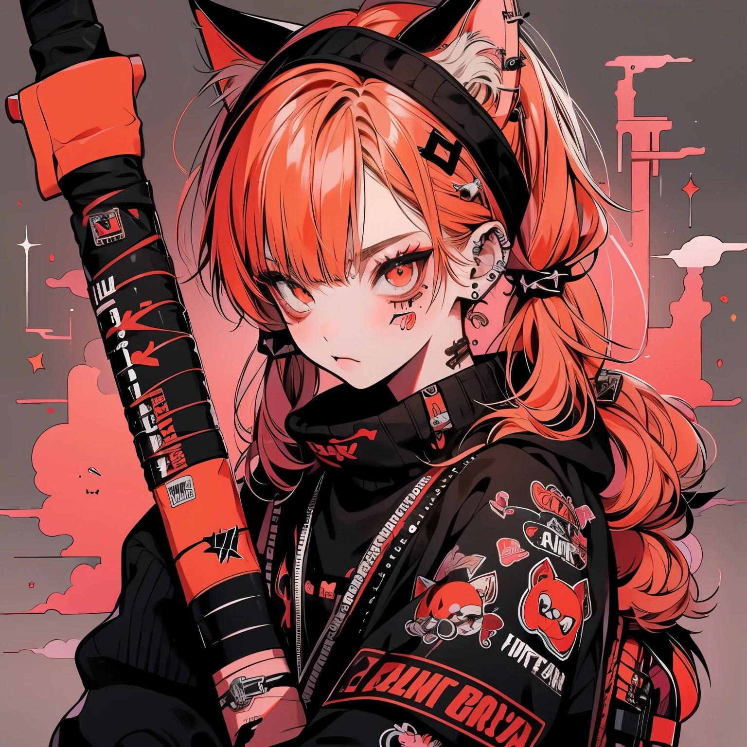 Punk rock emo girl, Neko, wolf girl, long neon orange hair in pigtails, tattoo sleeves and piercings, Red eyes, slender, skinny, short, Harajuku-inspired punk clothes, no twins, one person