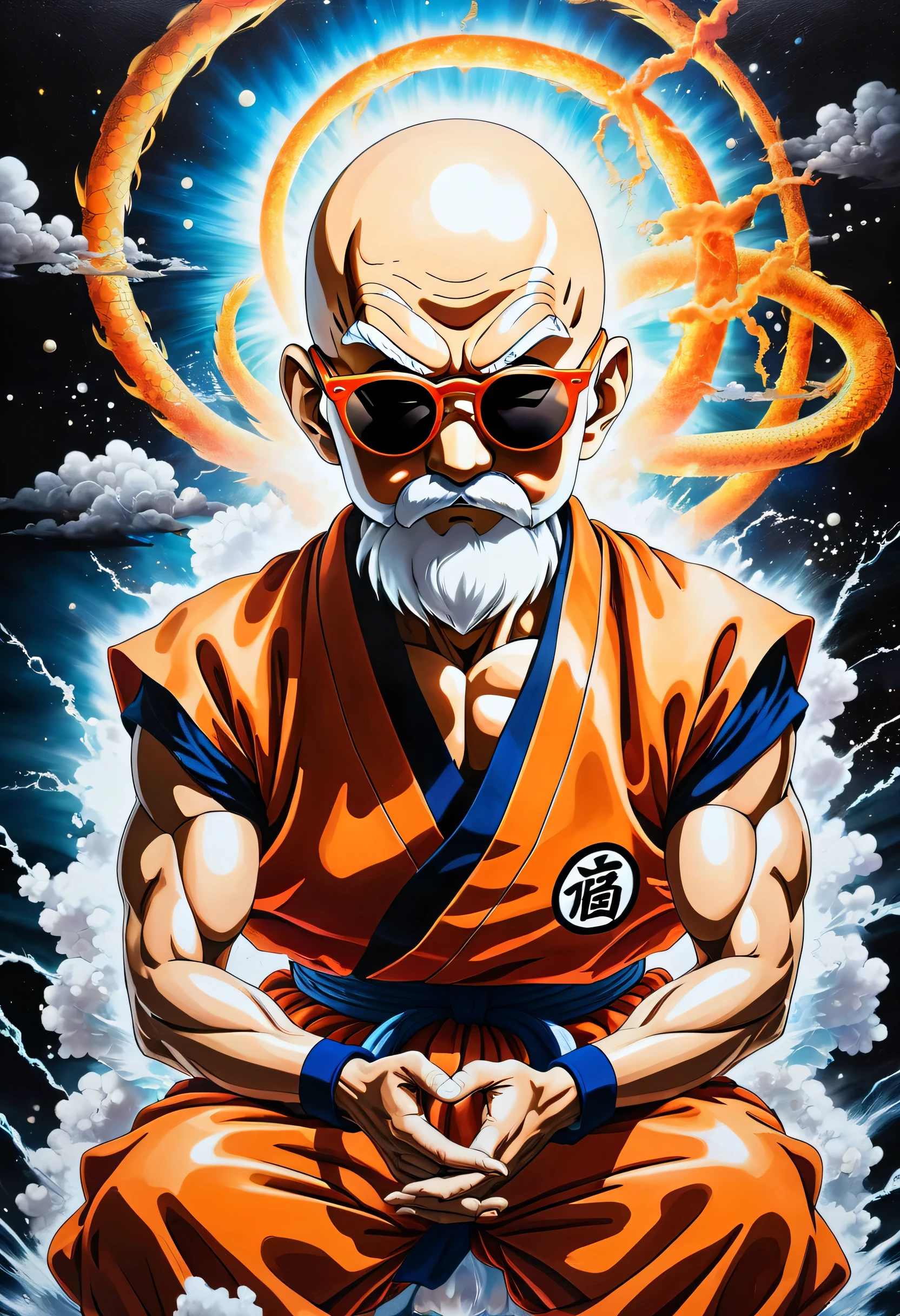 dark fantasy and mystery of Japanese-anime-dragon-ball illustration extremely detail, master Master Roshi, skin head, serious face, double exposure, radiation energy graffiti, oil painting, high quality, tonal contrast, Akira Toriyama anime inspired, drawing turtle,