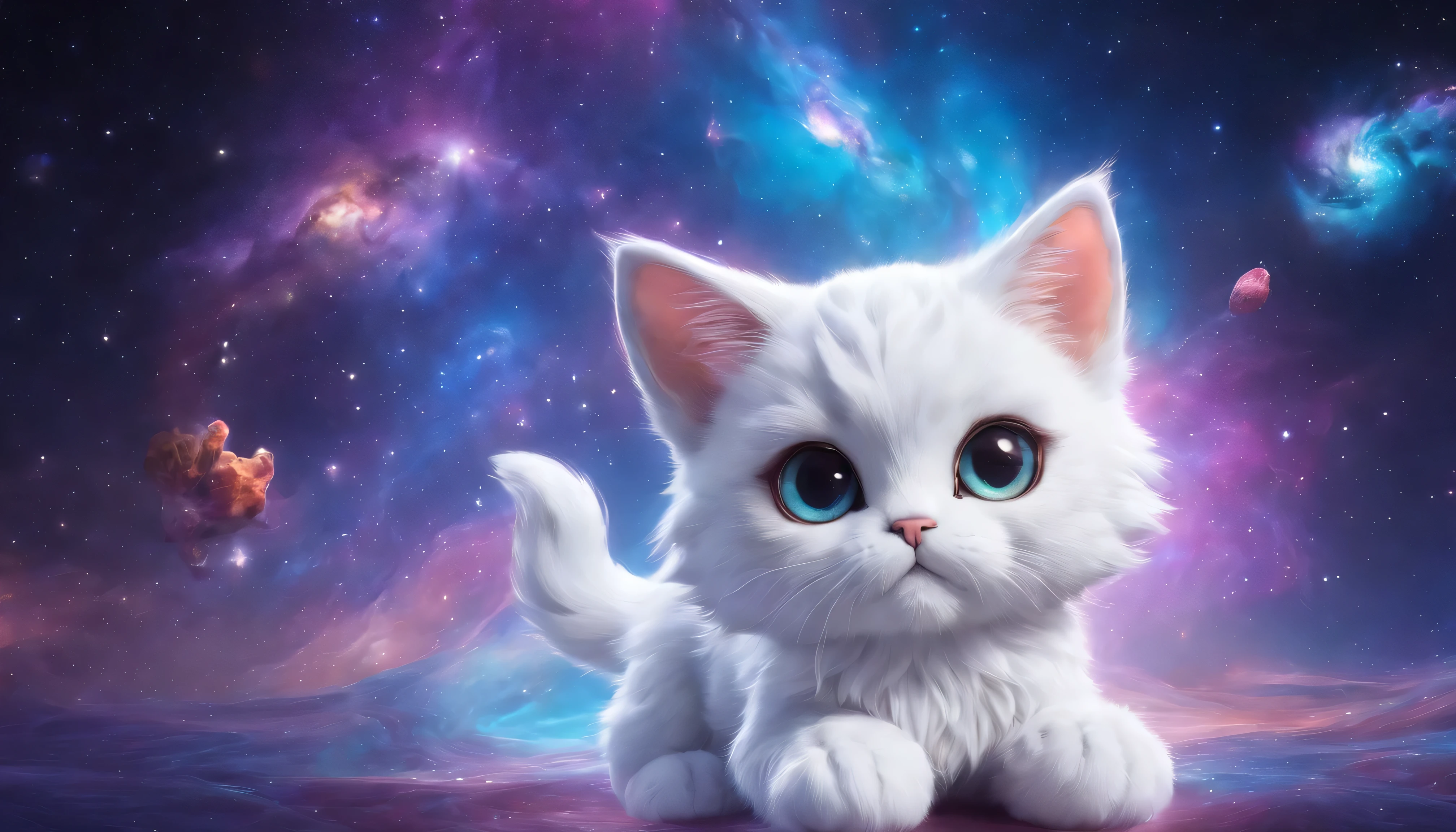 Chibi fluffy pixie kitty cat stuffed animal, (Colorful galaxy nebula floating in shining outer space)、reflection and refraction、((swirl nebula ripples))、flame particles、caustic、Styled by Bonnie Hetherington Robson, In 8K、photo realistic、professional lighting