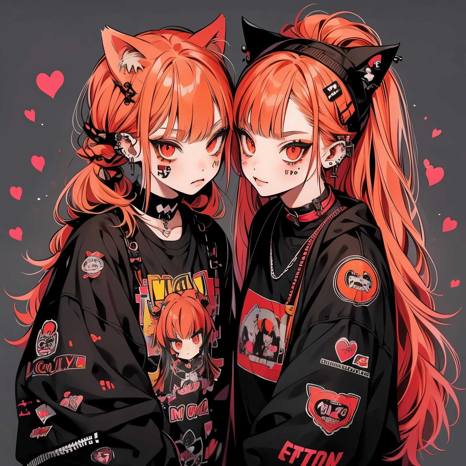 Punk rock emo girl, Neko, wolf girls, long neon orange hair in pigtails, tattoo sleeves and piercings, Red eyes, slender, skinny, short, Harajuku-inspired punk clothes, (twin girls:1.2)