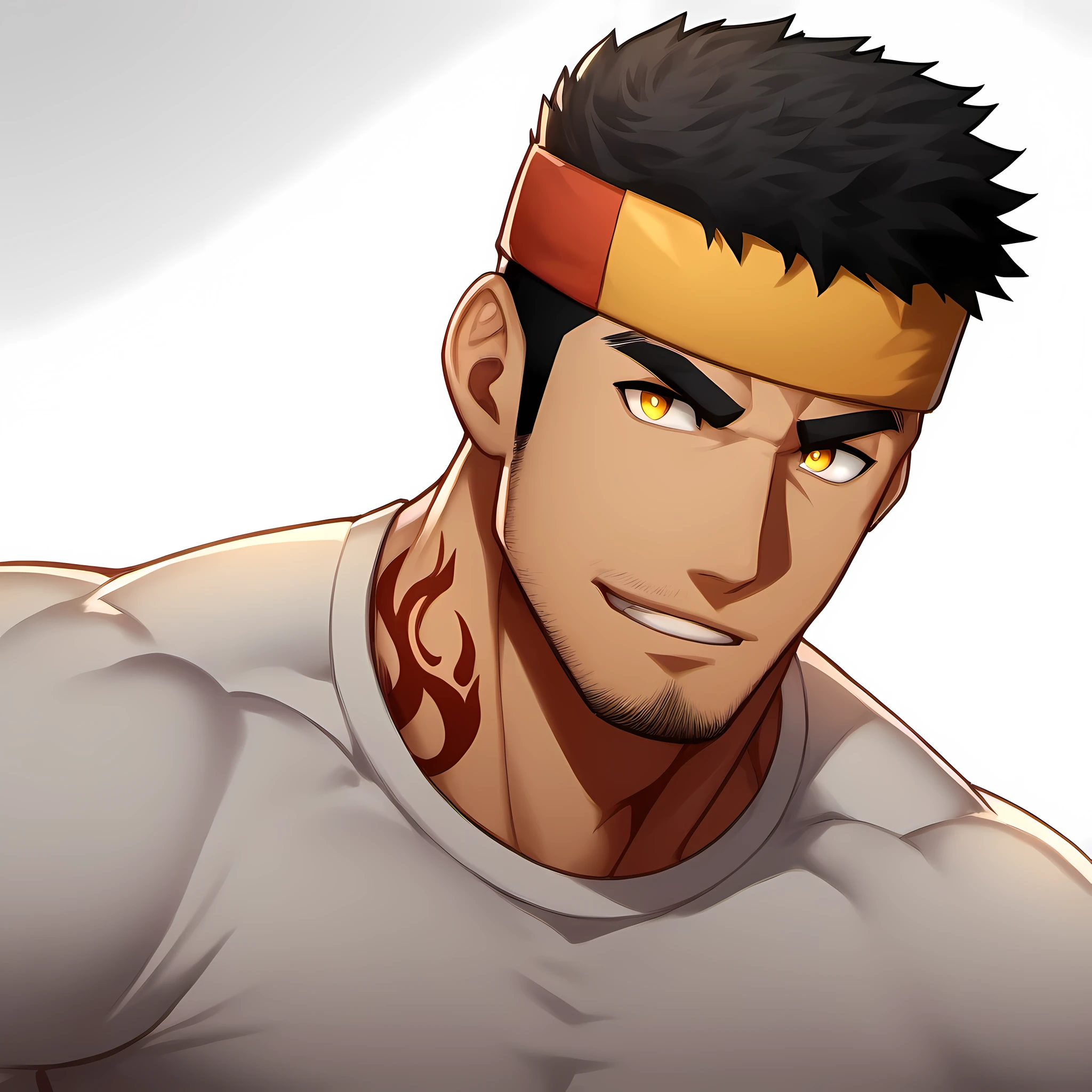 anime characters:Guy, plum, ung muscular man, male focus, Flame tattoo, Sport red headband, Creamy white spandex tight T-shirt, muscular male, muscular, only, Upper body, alone, short black hair, thick eyebrows, stubble, yellow eyes, White background, simple background, amazing quality, best aesthetics, Ridiculous, bright pupils, short hair, naughty face, torogao, open lips, best quality