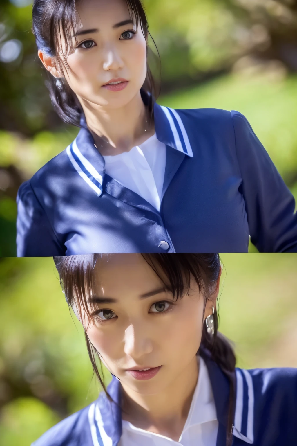 ((Top Quality, 8K, Masterpiece: 1.3)), Sharp Focus: 1.2, (Super Beautiful Face: 1.0), (Slender Abs Beauty: 1.0), (Shiny Skin: 1.0), Realistic Photography, Black Hair, Realistic Pupils, Video Lighting, High Definition Eyes and Face, Video Lighting, (Cowboy Shot: 1.3), (Japanese Cute Actress), in nature, happy, Looking at the audience, head on