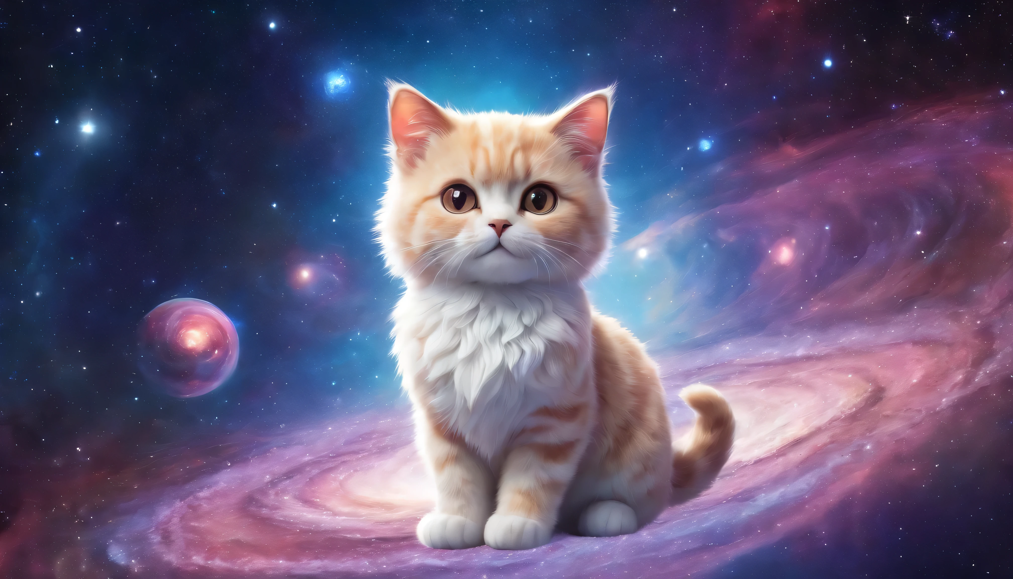 Chibi fluffy pixie kitty cat stuffed animal, (Colorful galaxy nebula floating in shining outer space)、reflection and refraction、((swirl nebula ripples))、flame particles、caustic、Styled by Bonnie Hetherington Robson, In 8K、photo realistic、professional lighting