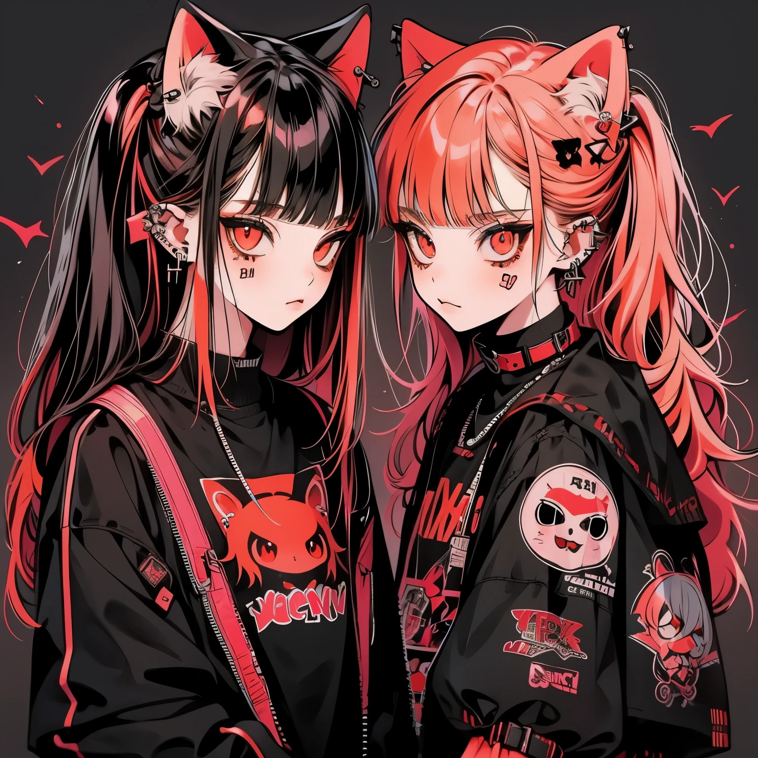 Punk rock emo girl, Neko, wolf girls, long neon orange hair in pigtails, tattoo sleeves and piercings, Red eyes, slender, skinny, short, Harajuku-inspired punk clothes, (twin girls:1.2)