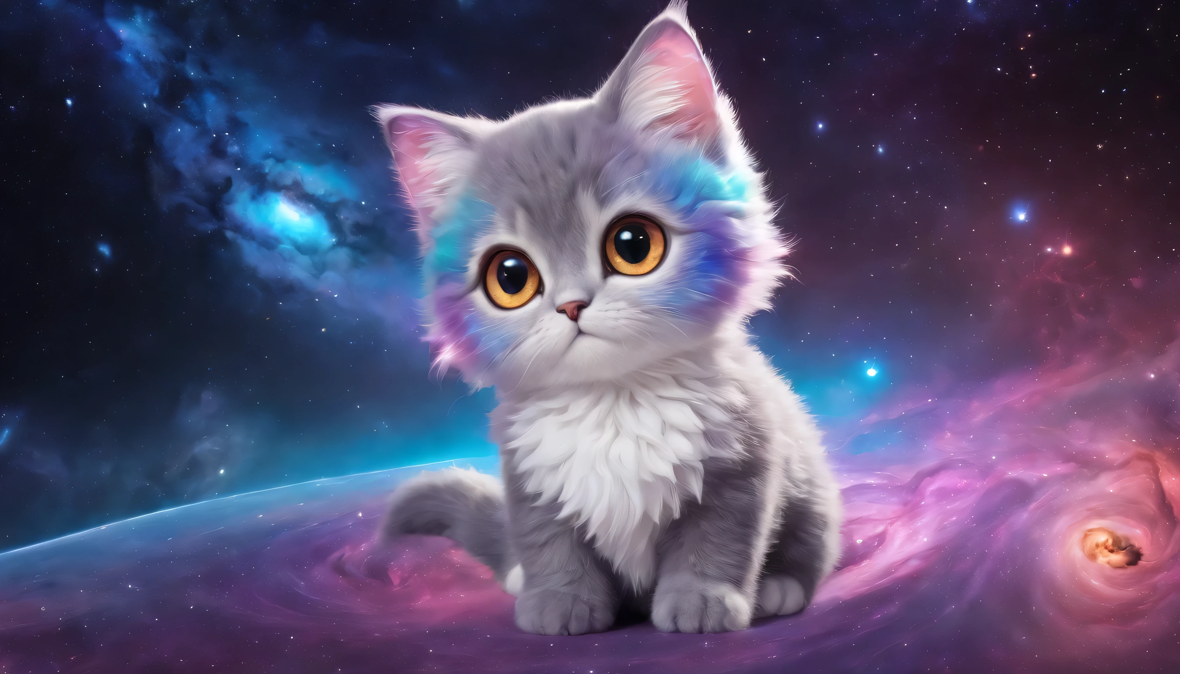 Chibi fluffy pixie kitty cat stuffed animal, (Colorful galaxy nebula floating in shining outer space)、reflection and refraction、((swirl nebula ripples))、flame particles、caustic、Styled by Bonnie Hetherington Robson, In 8K、photo realistic、professional lighting