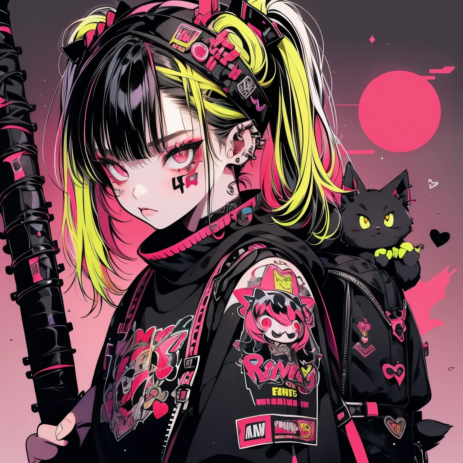 Punk rock emo girl, Neko, wolf girl, long neon yellow hair in pigtails, tattoo sleeves and piercings, Red eyes, slender, skinny, short, Harajuku-inspired punk clothes, no twins, one person