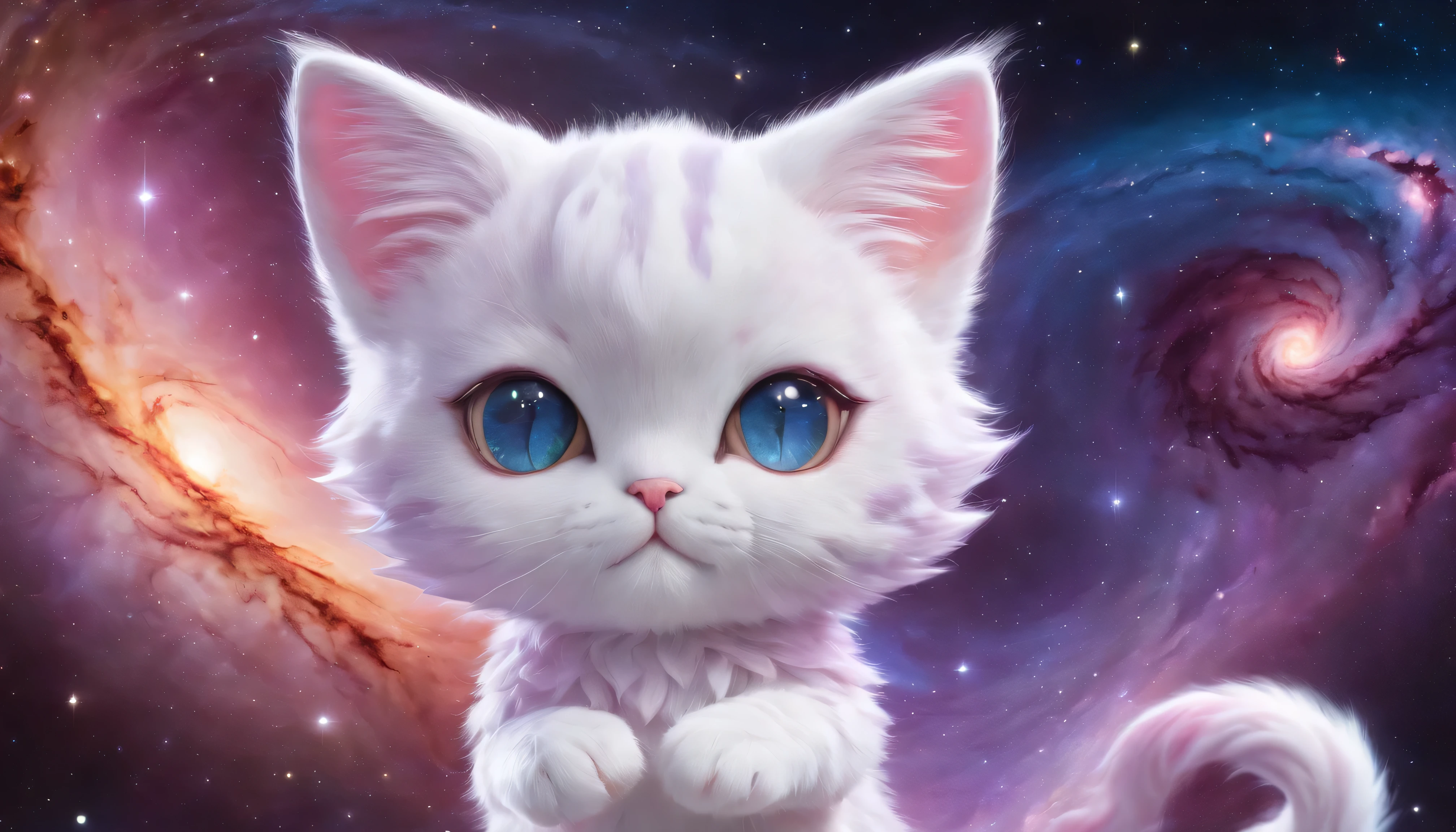 Chibi fluffy pixie kitty cat stuffed animal, (Colorful galaxy nebula floating in shining outer space)、reflection and refraction、((swirl nebula ripples))、flame particles、caustic、Styled by Bonnie Hetherington Robson, In 8K、photo realistic、professional lighting