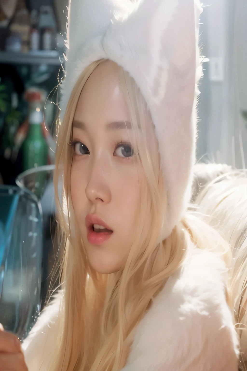 ((masterpiece, highest quality, Highest image quality, High resolution, photorealistic, Raw photo, 8K, proudly showing vagina, large thighs, standing up, snow around, entire body, feet, face close up)) asian girl, japanese girl, adorable, cute, kawai, slender, blonde hair, hair bobbles, wince, longeyelashes, solid circle eyes, light smile, at the beach, sunny