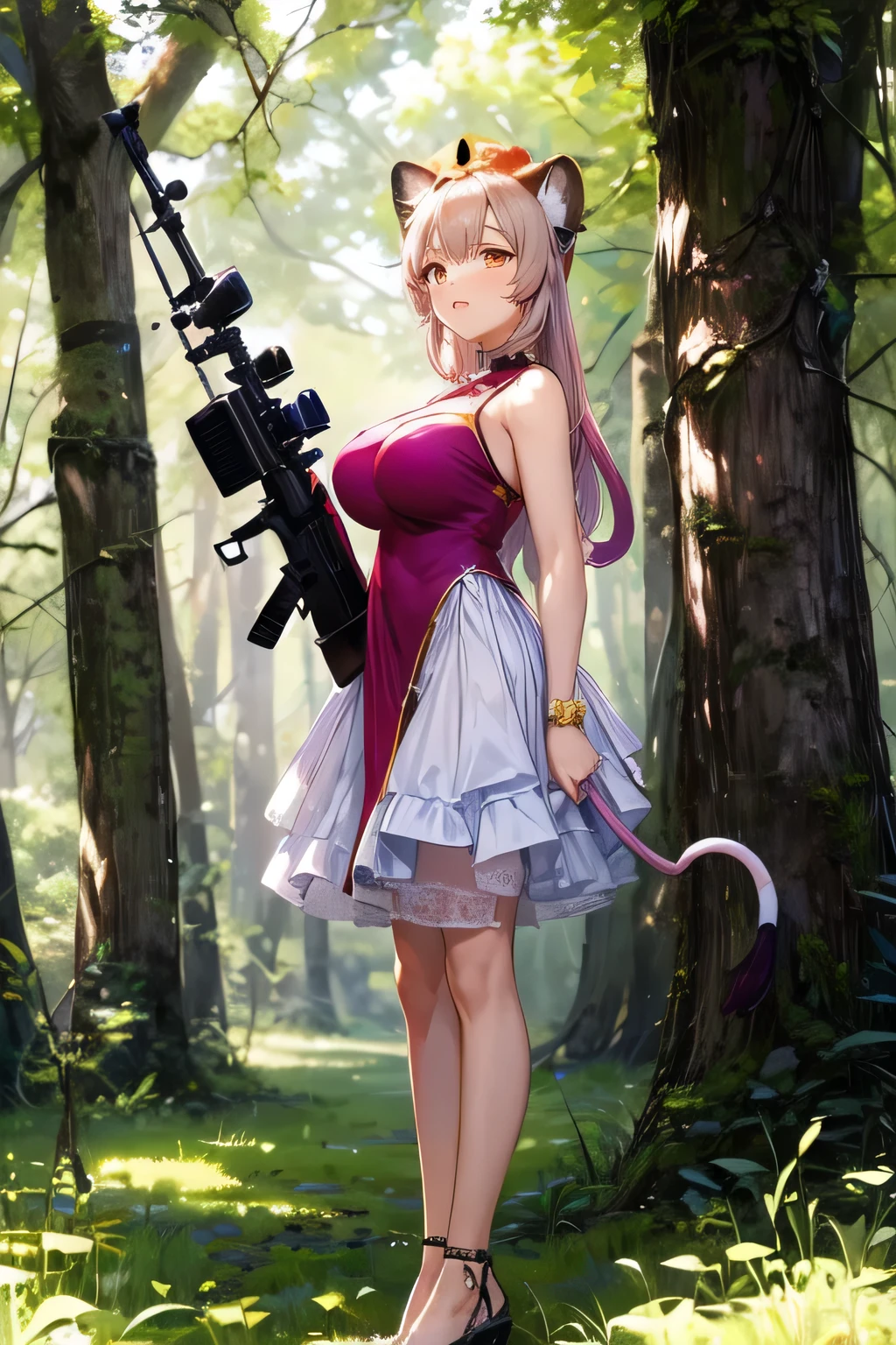 anime girl with a gun in a forest with trees, cabello rosado, orejas de leona, cola de leona, corona con una ojo de sauron, m4 sopmod ii girls frontline, fine details. girls frontline, with rifle, badass anime 8 k, from girls frontline, girls frontline style, cushart krenz key art feminine, girls frontline cg, seductive anime girl, smooth anime cg art, 8k high quality detailed art, guweiz