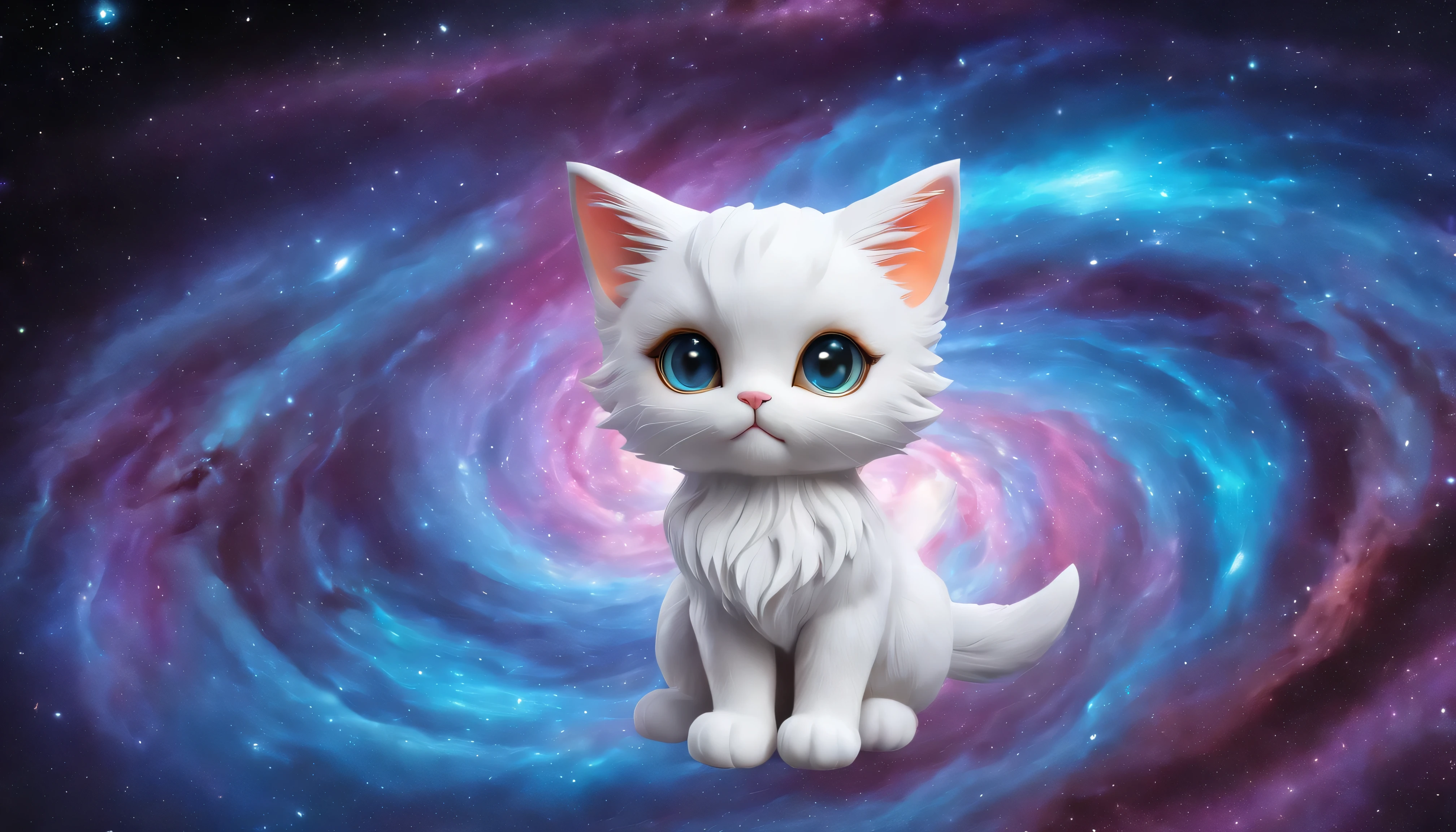 Chibi fluffy pixie kitty cat stuffed animal, (Colorful galaxy nebula floating in shining outer space)、reflection and refraction、((swirl nebula ripples))、flame particles、caustic、Styled by Bonnie Hetherington Robson, In 8K、photo realistic、professional lighting