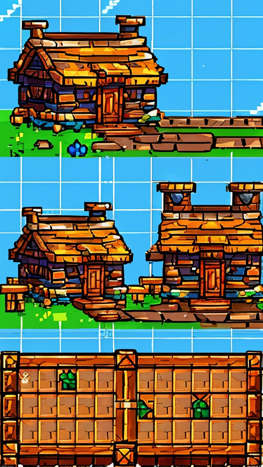 two different buildings,Has a thatched roof and a door, tilset, small building, Completely tileable, tilset asset store, Concept pixel art, symmetrical outpost, 2D game assets, small settlements, raw dual pixel, 2D game assets, Small house, RPG style, Compact building, sprite sheet, witch hut, Independent game asset images