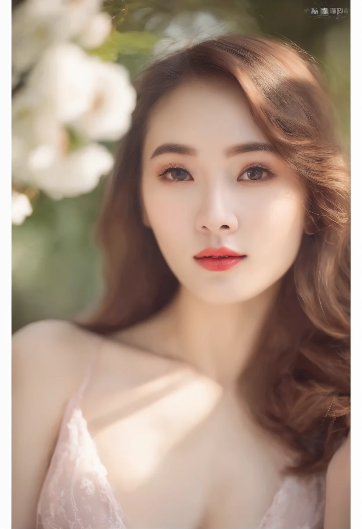 Gentle and beautiful woman, half-body photo, delicate sexy collarbone, charming oval face, Double eyelids, Smart Peach Blossom Eyes, Pink lips, Small nose, Bare shoulders, Focused face, facial closeups, hyper HD, super detailing, Graceful standing, (Erotic lingerie)