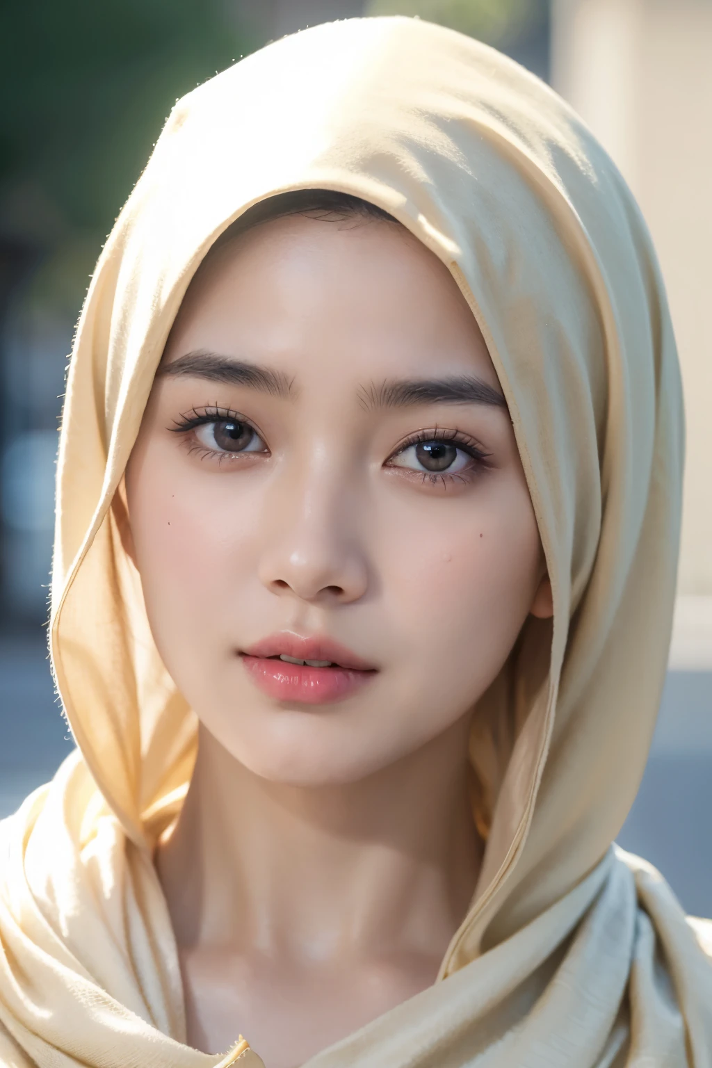 Photo portrait of a beautiful Bandung girl wearing a hijab and dimples, around 17 years old, (plain black hijab), (portrait medium shot:1.3), dramatic light, Rembrandt lighting scheme, (hyperrealism:1.2), (8K UHD: 1.2), ( photorealistic:1.2), shot with Canon EOS 5D Mark IV, facial detail, skin texture detail, smooth, flawless skin, glowing complexion, silky touch, even texture, blemish-free, radiant appearance, youthful look, soft and supple skin, poreless, perfect skin tone, porcelain-like complexion, velvety smoothness, dewy and fresh skin, natural beauty, healthy and vibrant skin, standing in street