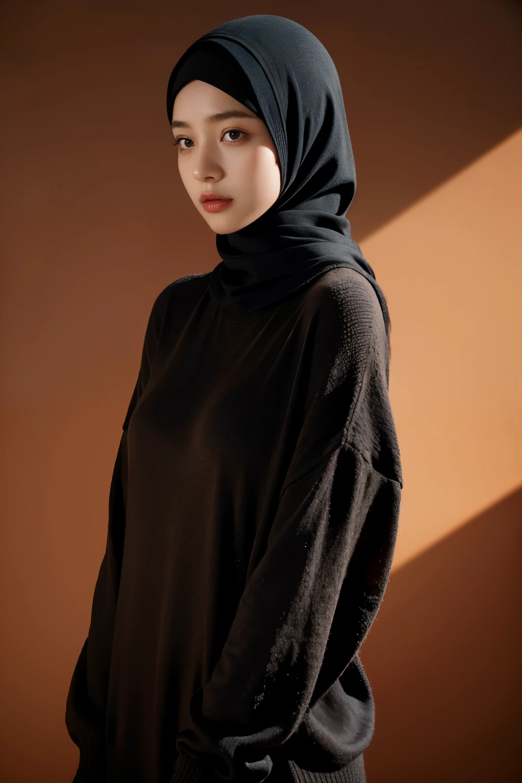 a 20 yo woman,hijab, sweater, dark theme, soothing tones, muted colors, high contrast, (natural skin texture, hyperrealism, soft light, sharp),red background, background,