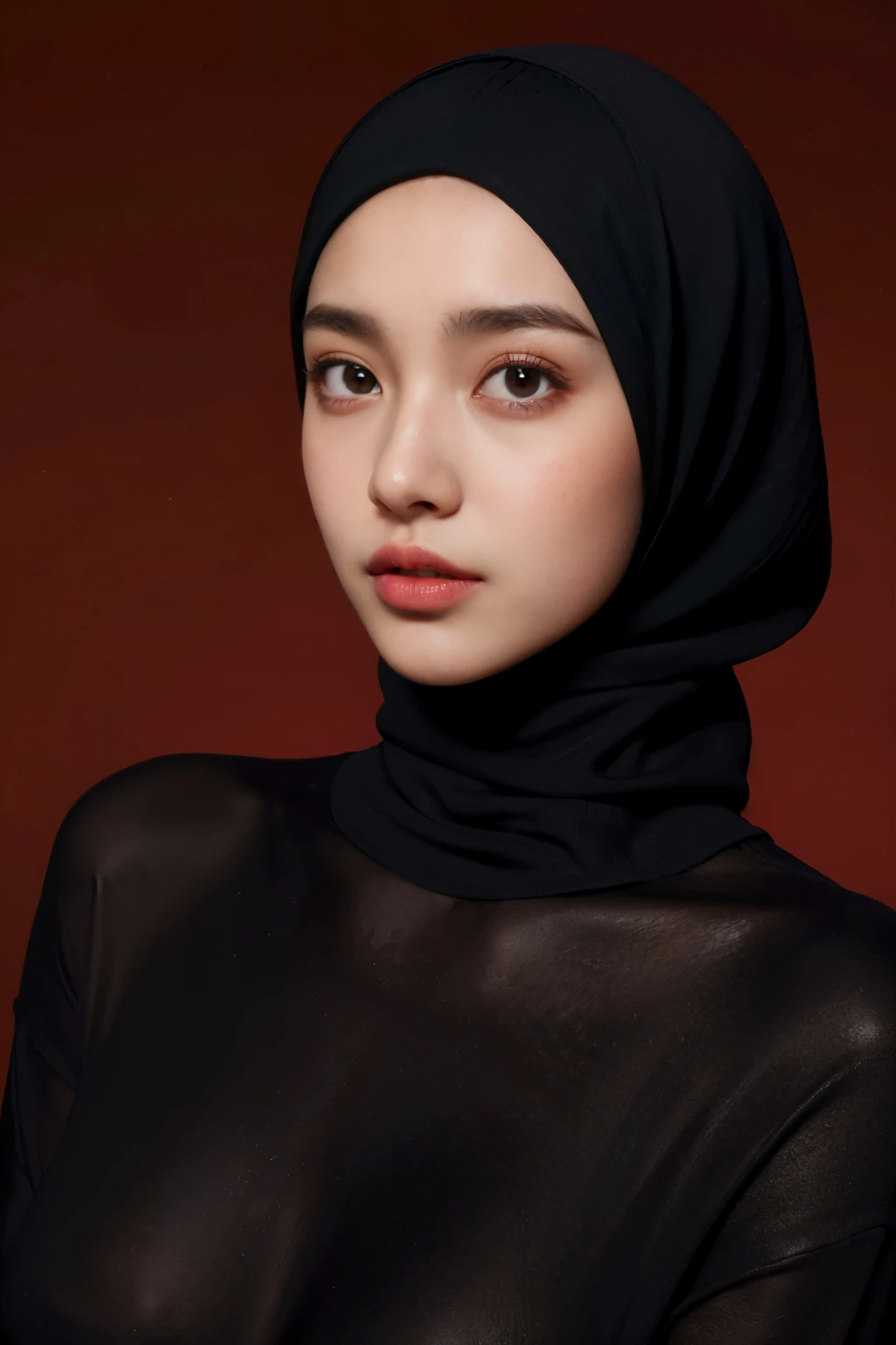 a 20 yo woman,hijab, sweater, dark theme, soothing tones, muted colors, high contrast, (natural skin texture, hyperrealism, soft light, sharp),red background, background,