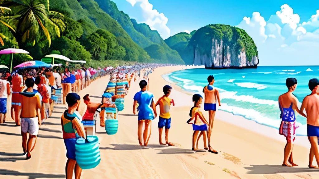 oil paint, on the beach in summer thailand, with a Songkran festival celebration, many people enjoying play water gun with other people, thai outfit, , age, adult
