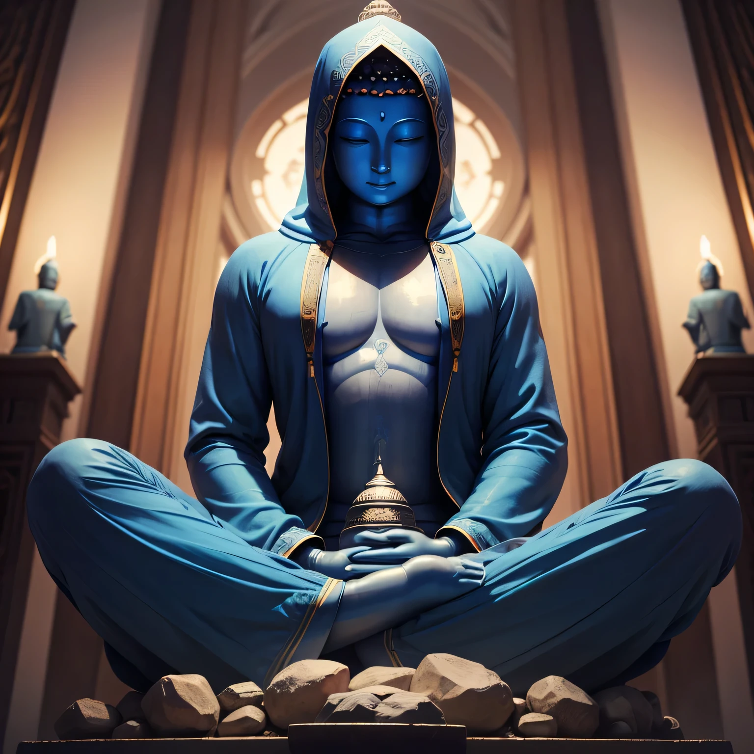 There is a blue Buddha statue facing the front and wearing a hoodie hood,Buddha, Buddha, Buddhism, beautiful images,Buddha,Buddha