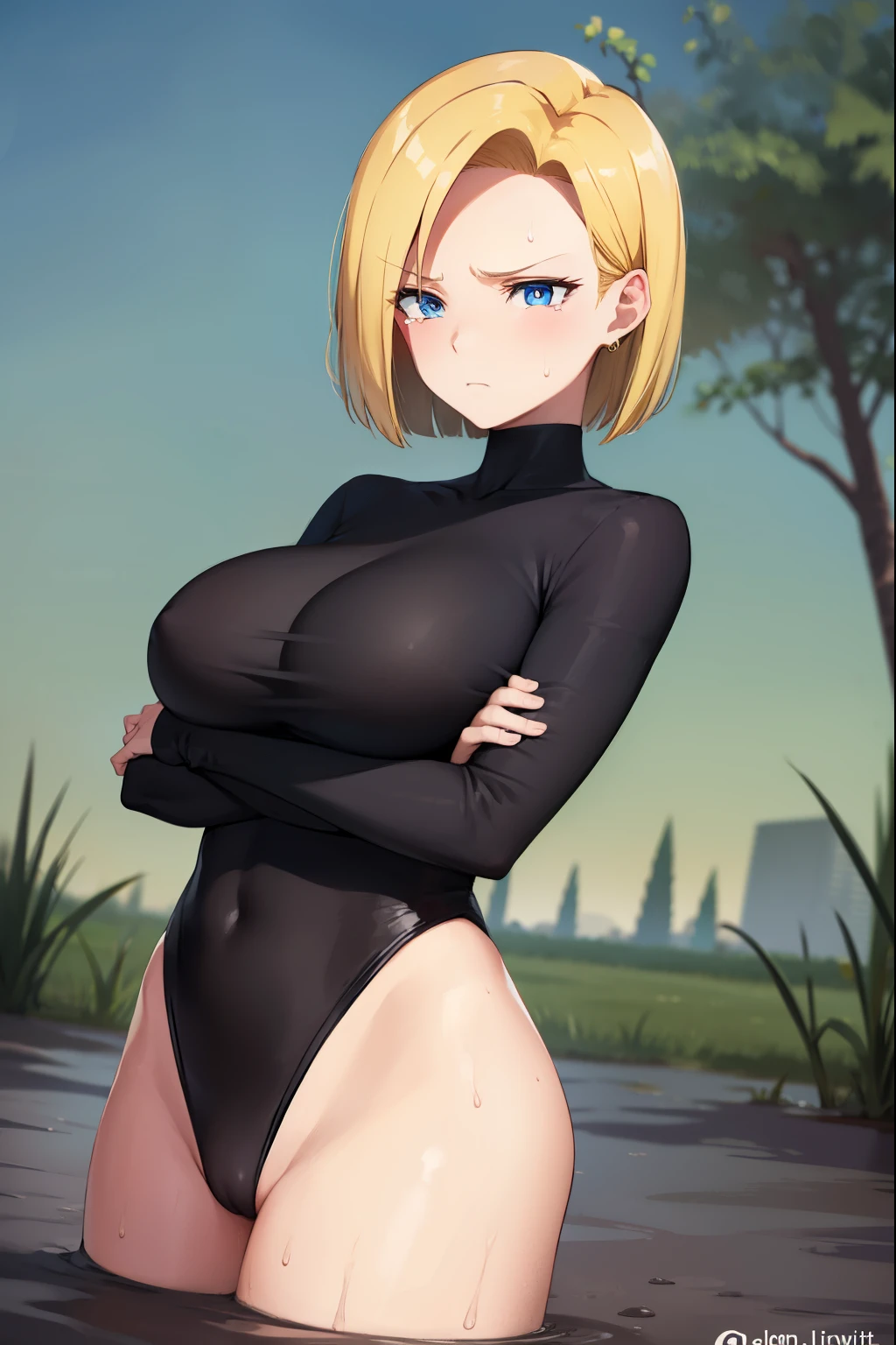 highest quality, High resolution, whole body,AND18, 1 girl, android 18, alone, golden hair, blue eyes, short hair,earrings,big breasts, frown,embarrassed face,tears,Sweat,1 girl, black leotard, black high leg cut,( drown in the swamp:1.2),fold your arms
