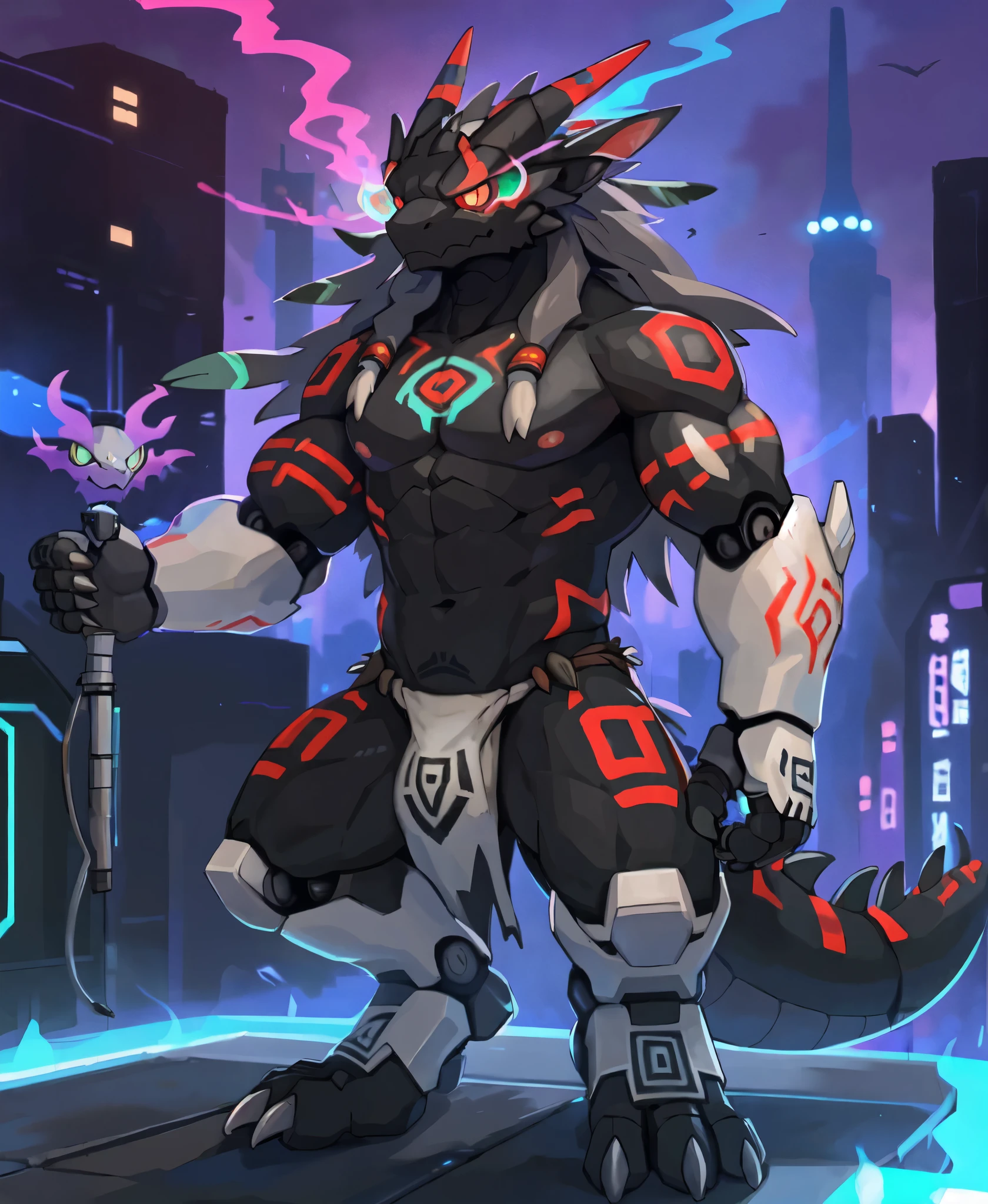 furry,kemono,anthro,
(male:1.55),
(long hair:1.33),
dragon,dragon horns,dragon tail,
(black body:1.3),red eyes,glowing eyes,(eye mist:1.2),(red eye mist:1.2)
(shaman:1.3),
tribal jewelry,
tribal tattoo,(tribal markings:1.35),
collarbone,
pink nipples,
abs,navel,
(robotic arm:1.2),mechanical arms,
loincloth, breechcloth,
bulge,(penis base:1.2),
toeless footwear,
cyberpunk,
city, city lights,
bokeh,