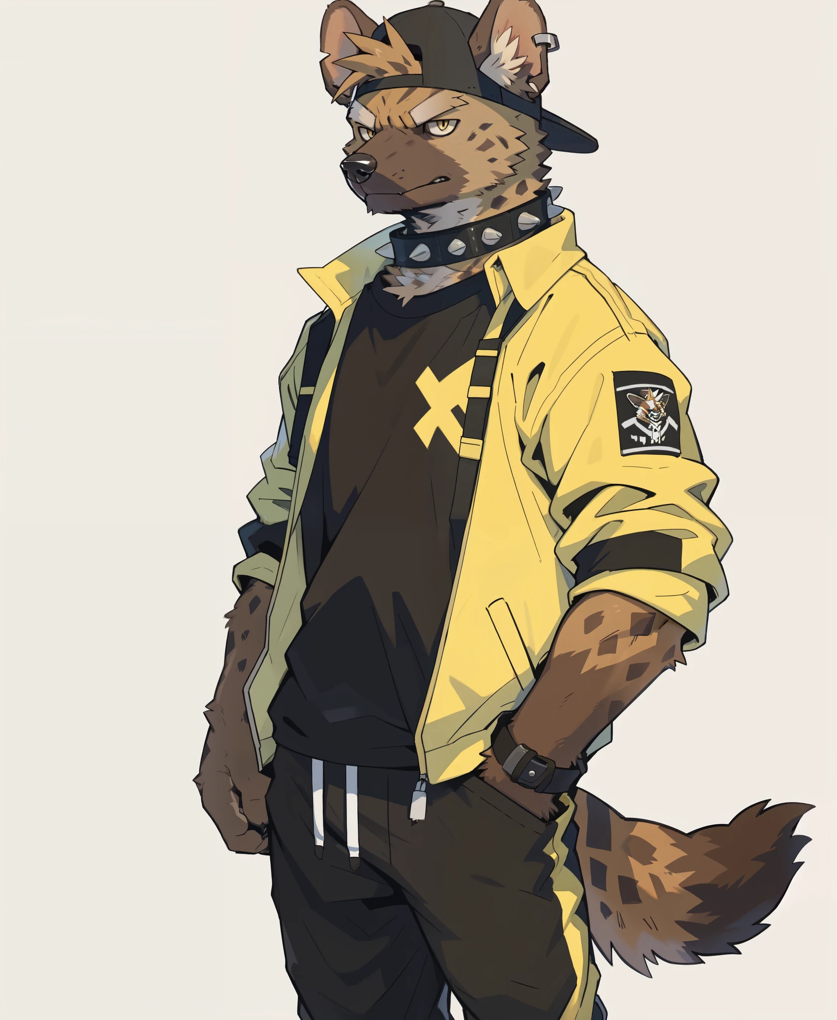 (solo:1.5), furry,kemono, anthro,
male,
hyena,hyena ears, hyena tail,
brown fur,yellow eyes,
looking at viewer, smirk, frown,
ear piercing, notched ear,
backwards hat,backwards baseball cap,
collarbone,
collar,spiked collar,
techwear,streetwear,yellow jacket,open jacket,black shirt,
(bondage pants:1.35),
hands in pockets,
messenger bag,
sneakers,red sneakers,
standing,
white background,