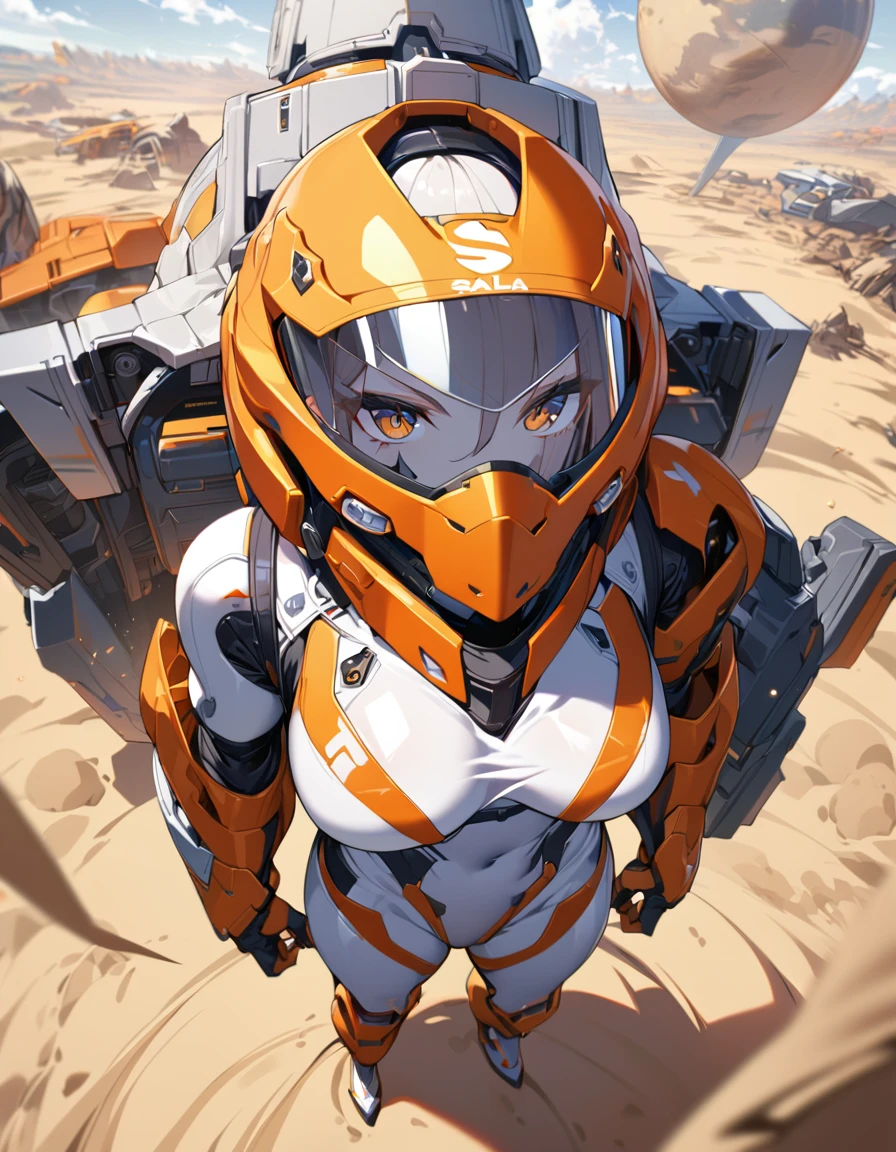 1girl,solo,Sala,original,(full face helmet,eyes visible through helmet),orange heaver armor over white body suit,standing sand planet,holding weapon,depth of field,Science fiction,ultra-detailed,sharp focus,(best quality)